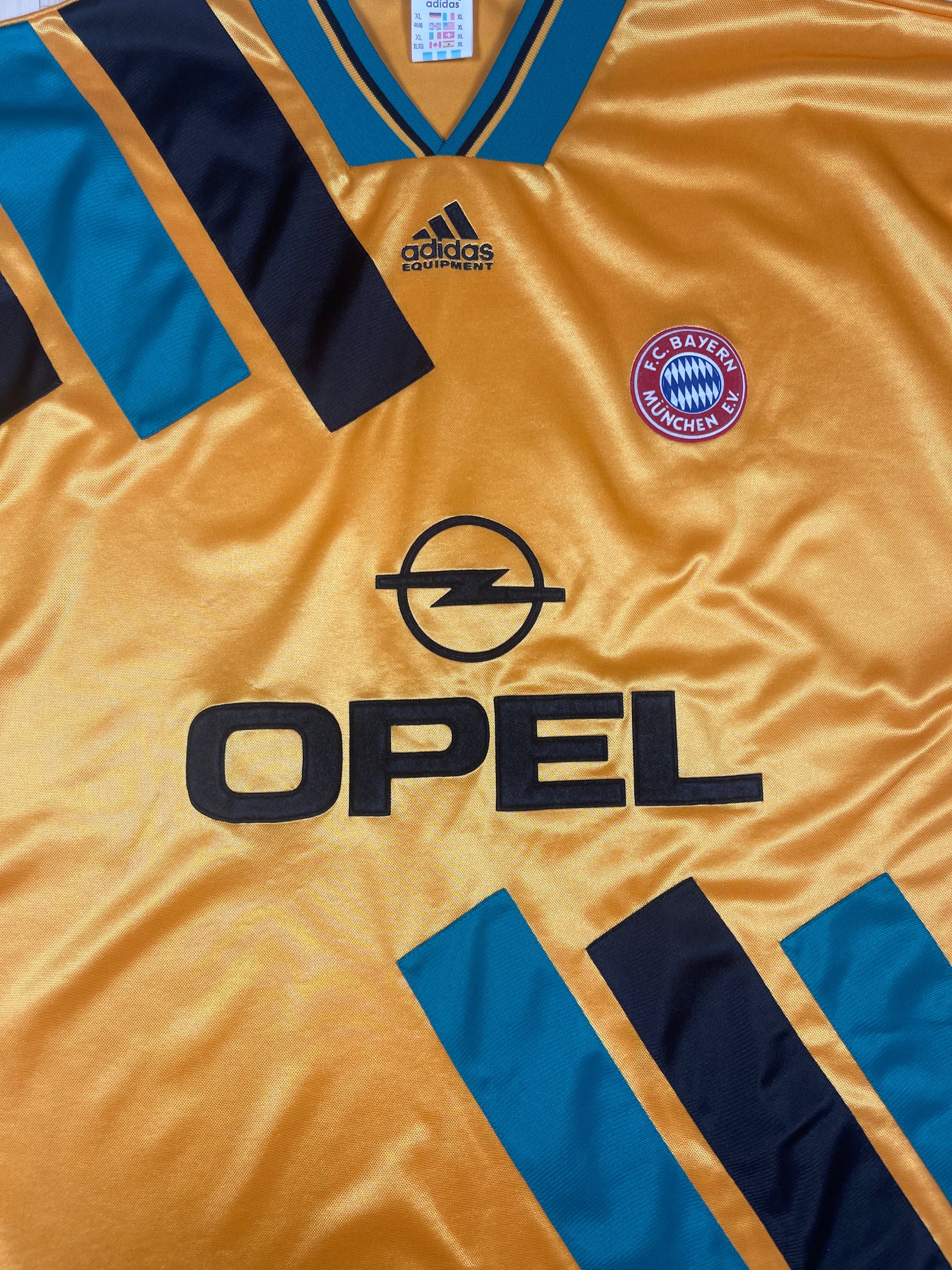 Bayen Munchen Adidas Equipment 1993 - 1995 Away Football Shirt Opel Size XL Yellow Black Green