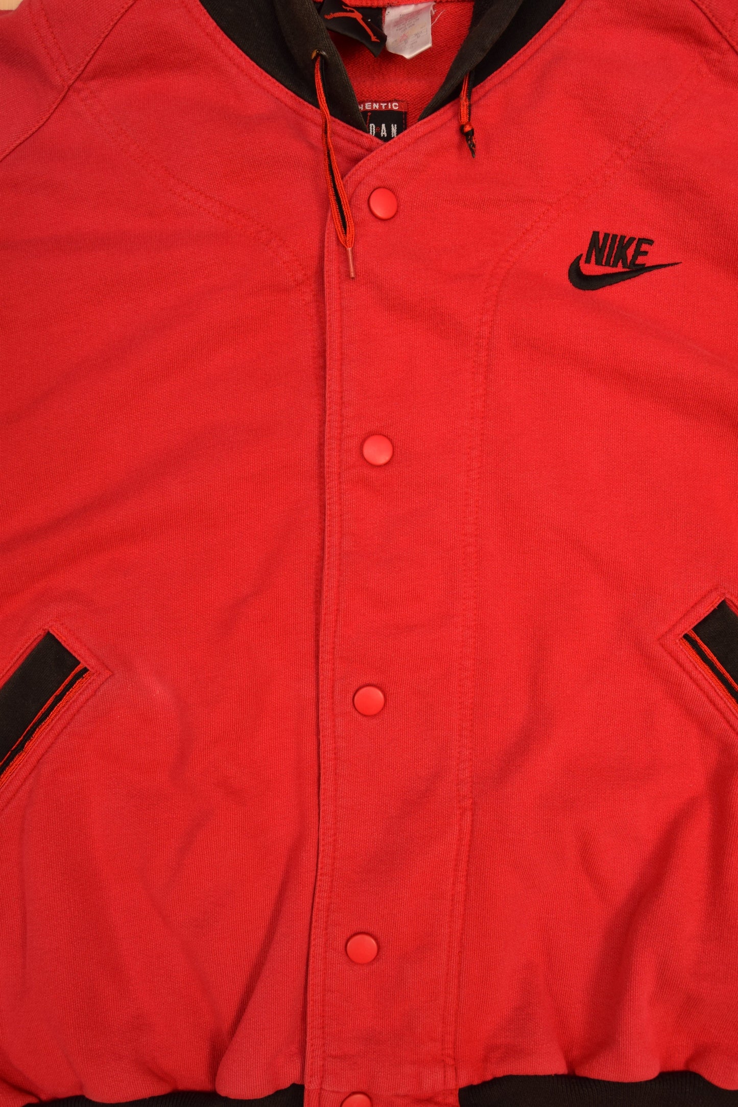 Vintage 90's Nike Air Jordan Hooded Varsity Jacket Size M Heavy Cotton Red Black