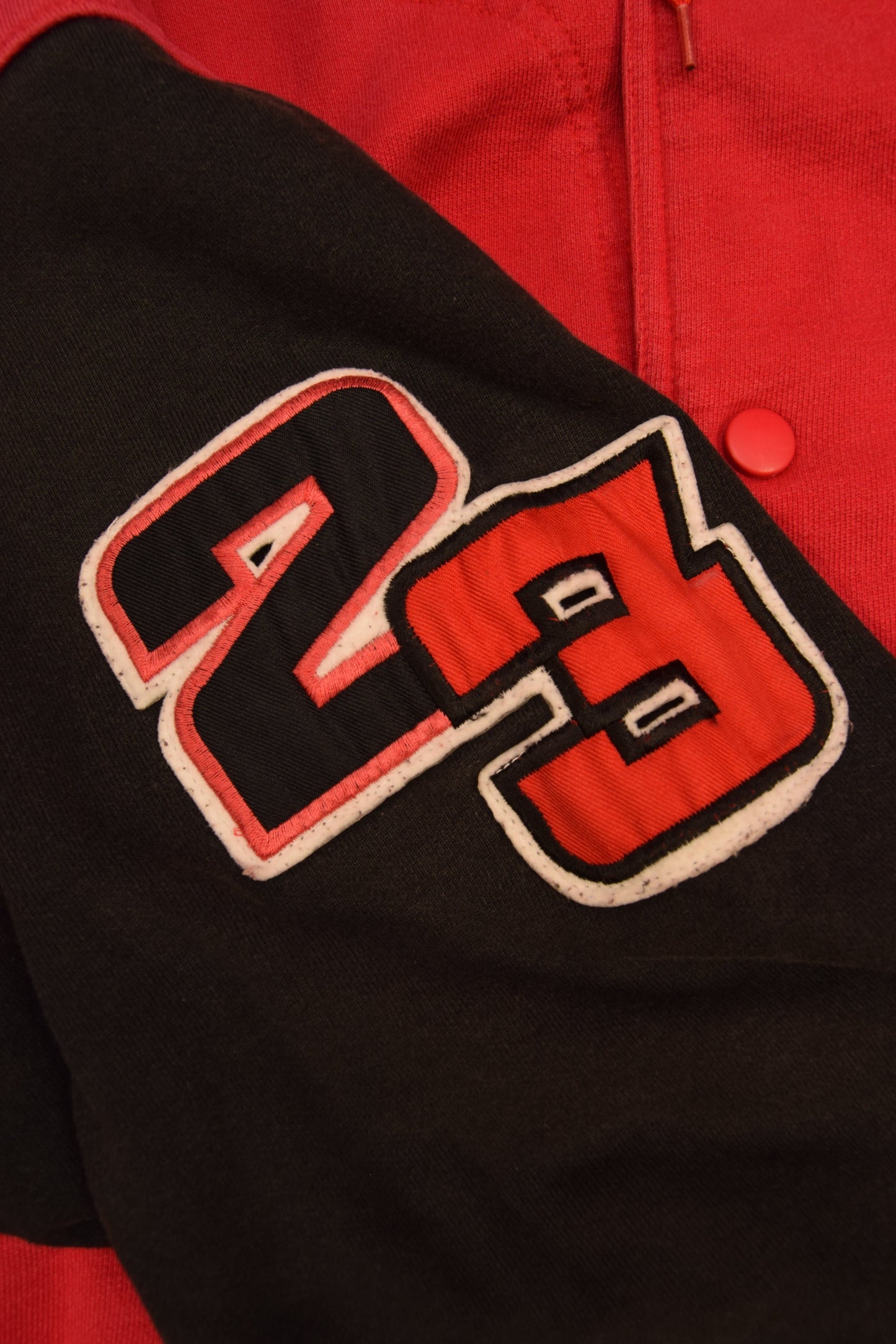 Vintage 90's Nike Air Jordan Hooded Varsity Jacket Size M Heavy Cotton Red Black