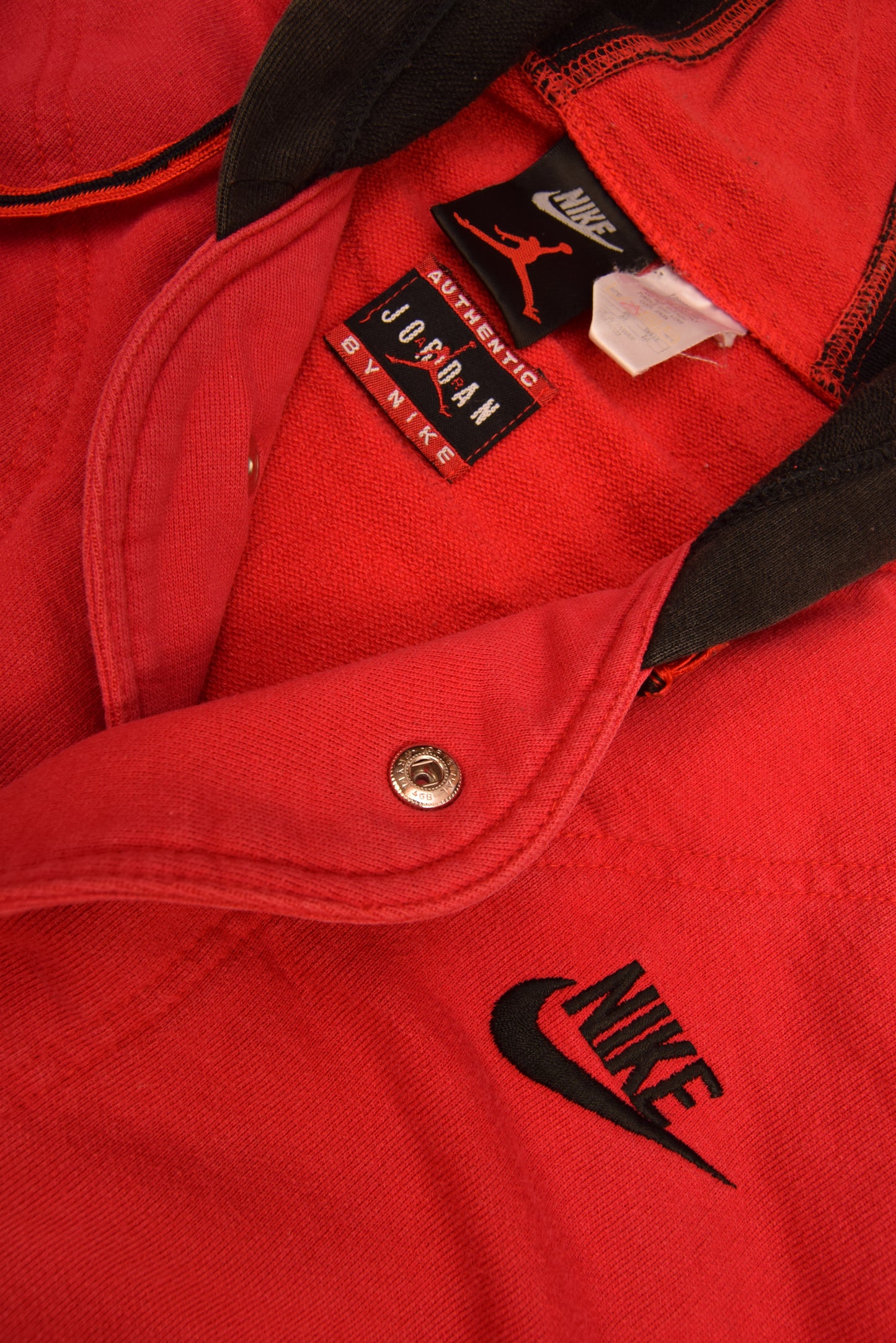 Vintage 90's Nike Air Jordan Hooded Varsity Jacket Size M Heavy Cotton Red Black