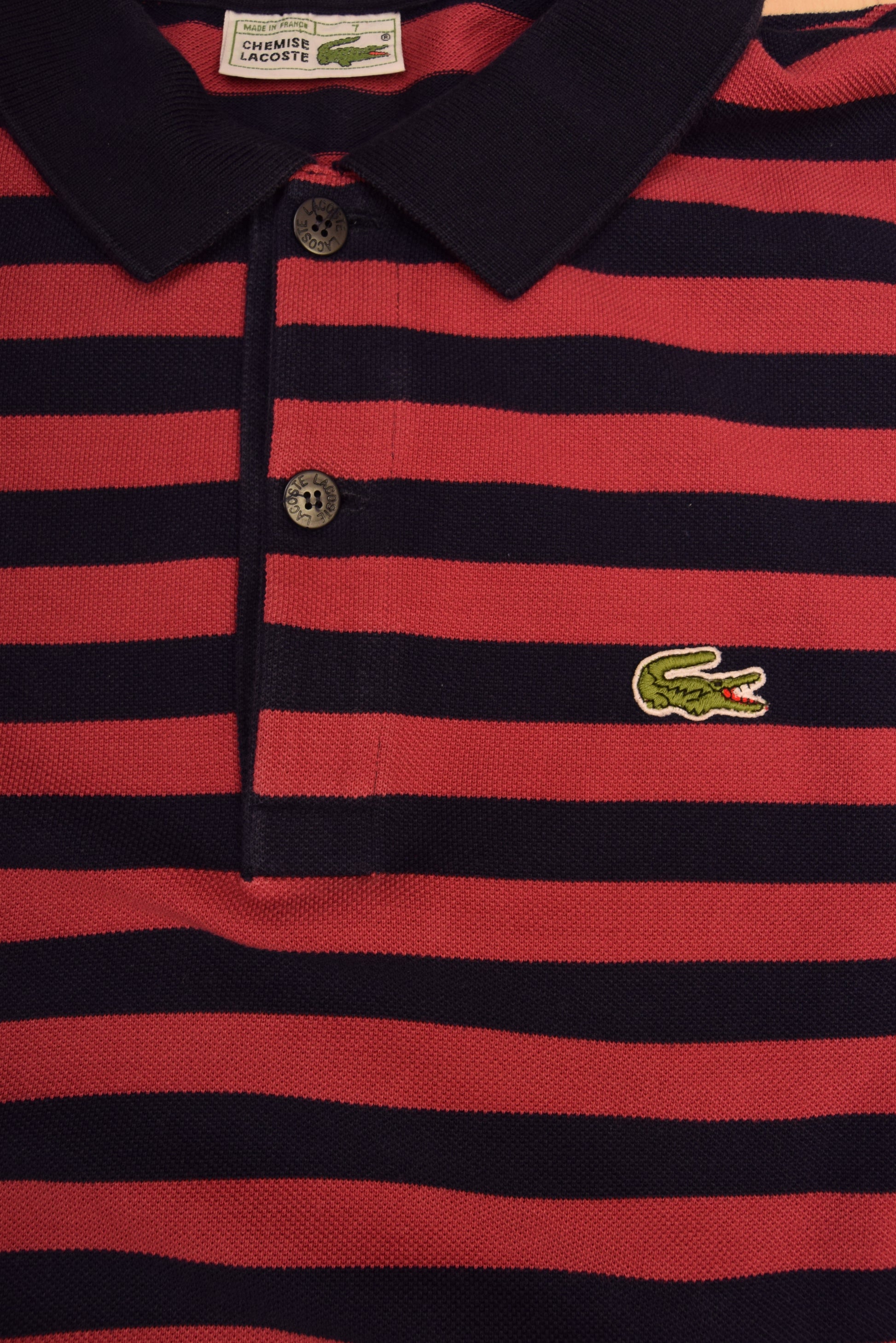 Vintage 80's Lacoste Chemise Pique Polo Sweatshirt Made in France Size XL-XXL Horizontal Stripes Coral Blue