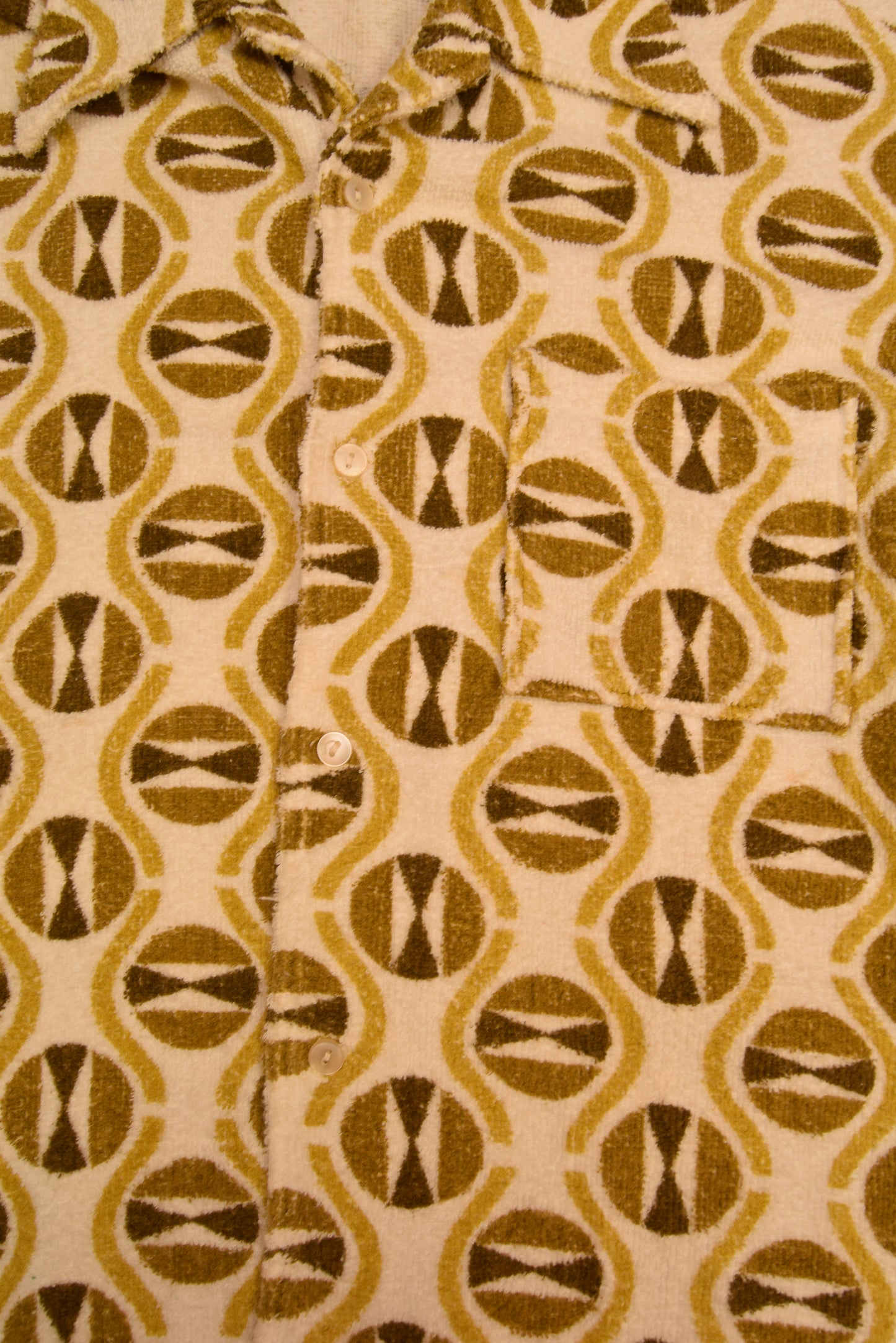 Vintage Towel Material Shirt M-L Abstract Pattern Green White