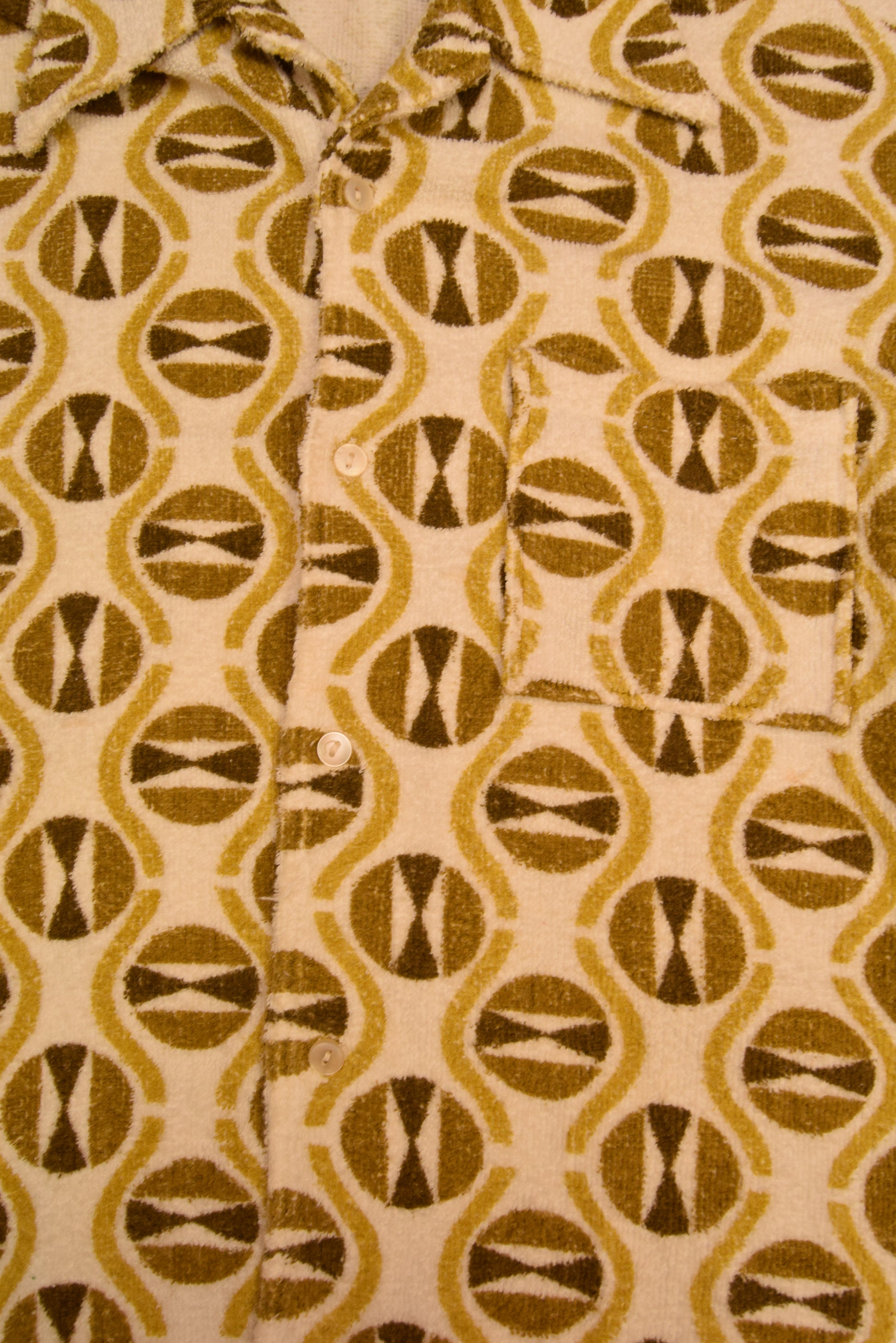 Vintage Towel Material Shirt M-L Abstract Pattern Green White