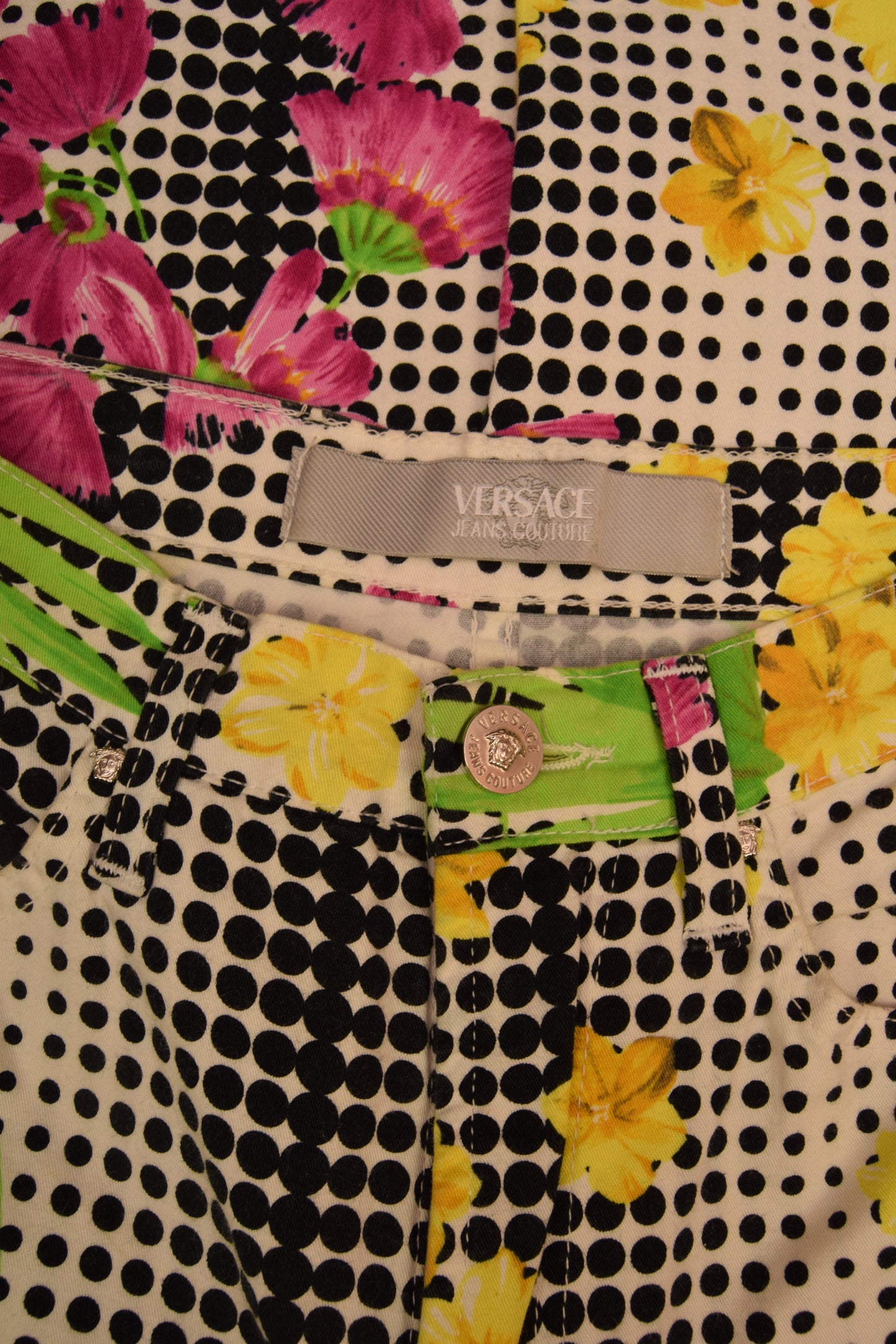 Vintage Y2K Versace Jeans Couture Medusa Thin Trousers Floral Op Art Pattern Floral Tropical Print Dot Grid Made in Italy Ittierre Mid Waist Size S
