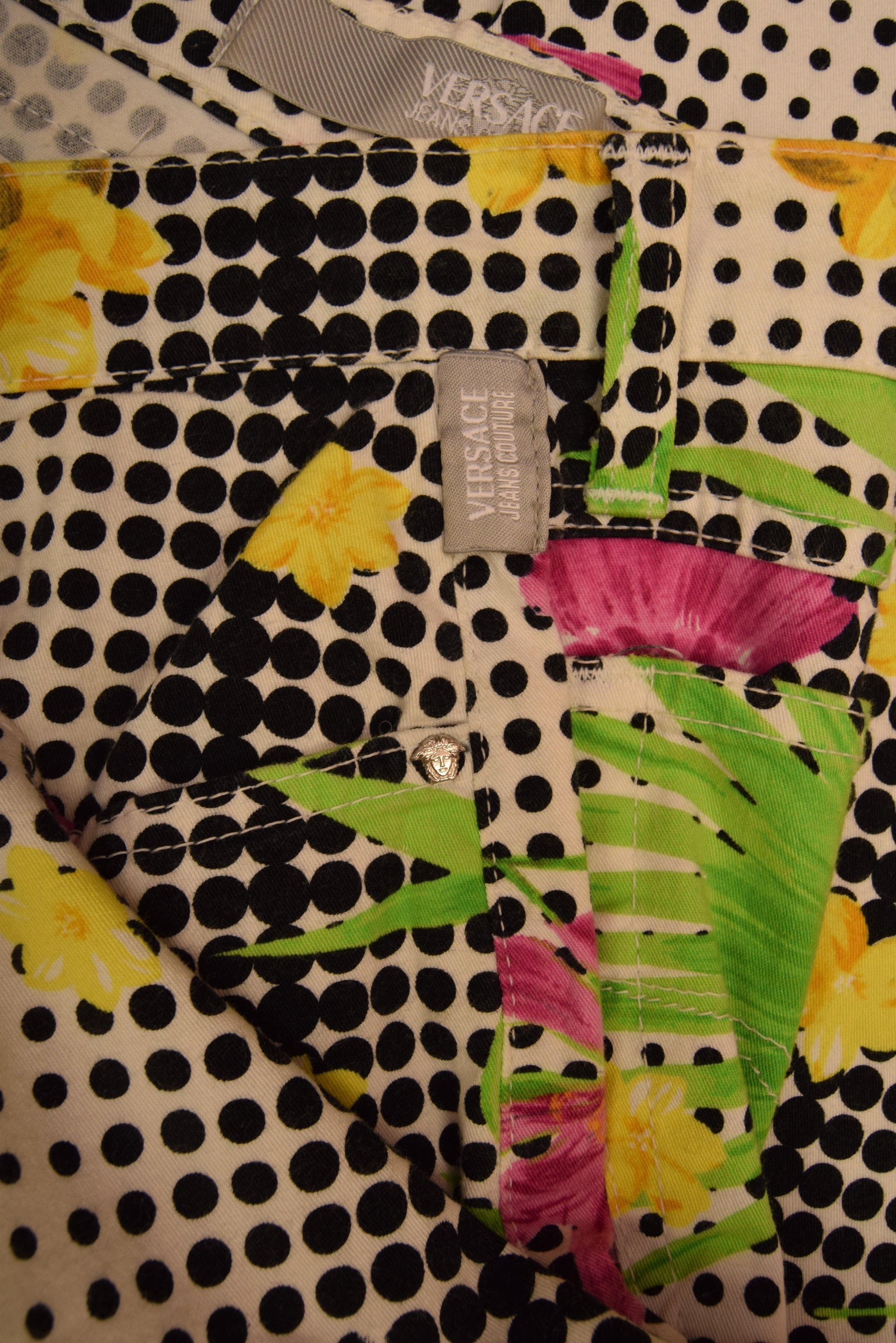 Vintage Y2K Versace Jeans Couture Medusa Thin Trousers Floral Op Art Pattern Floral Tropical Print Dot Grid Made in Italy Ittierre
