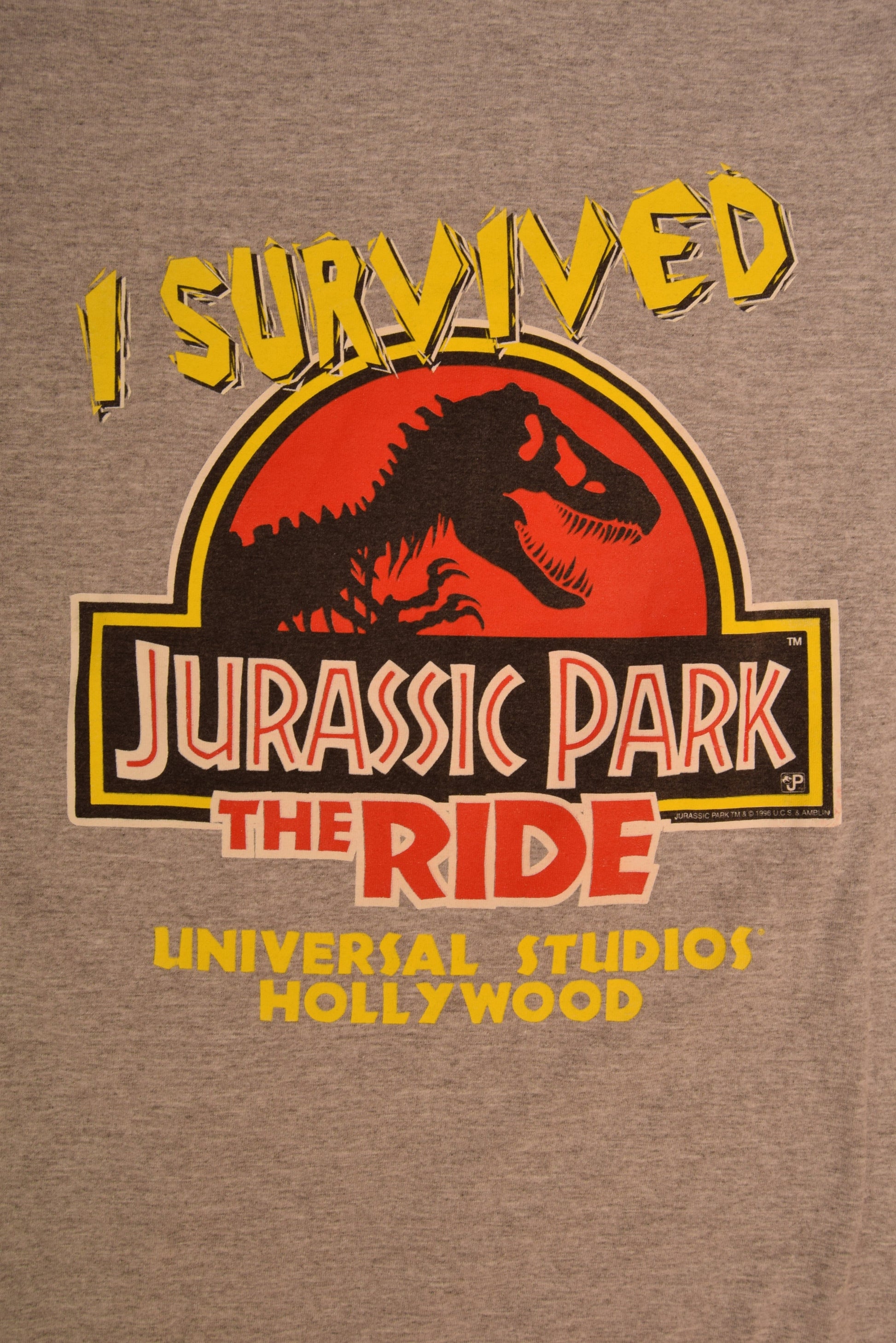 Vintage Jurassic Park The Ride 1996 T-Shirt Universal Studios Hollywood I Survived Steven Spielberg Made in USA Single Stitch Cotton Grey Size Large