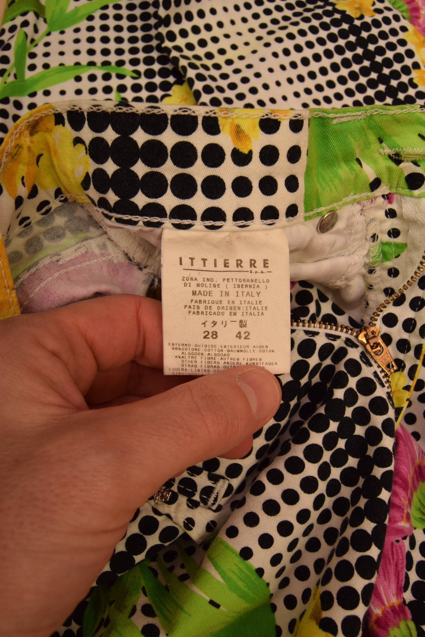 Vintage Versace Jeans Couture Medusa Thin Trousers Floral Op Art Pattern Floral Tropical Print Dot Grid Made in Italy Ittierre