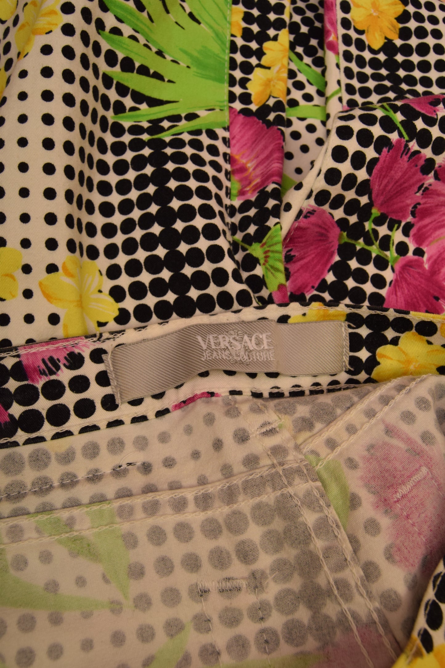 Vintage Y2K Versace Jeans Couture Medusa Thin Trousers Floral Op Art Pattern Floral Tropical Print Dot Grid Made in Italy Ittierre
