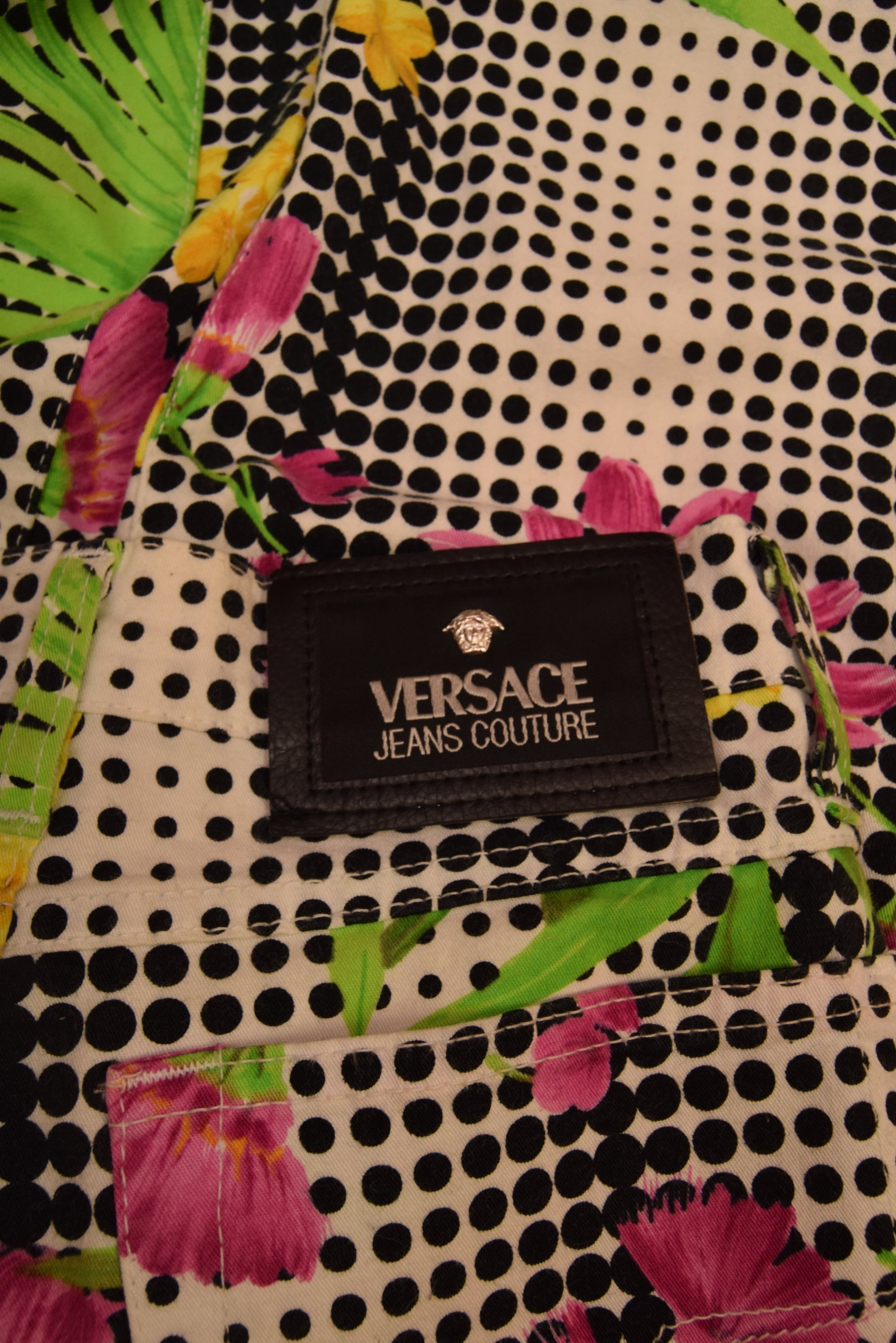 Vintage Y2K Versace Jeans Couture Medusa Thin Trousers Floral Op Art Pattern Floral Tropical Print Dot Grid Made in Italy Ittierre
