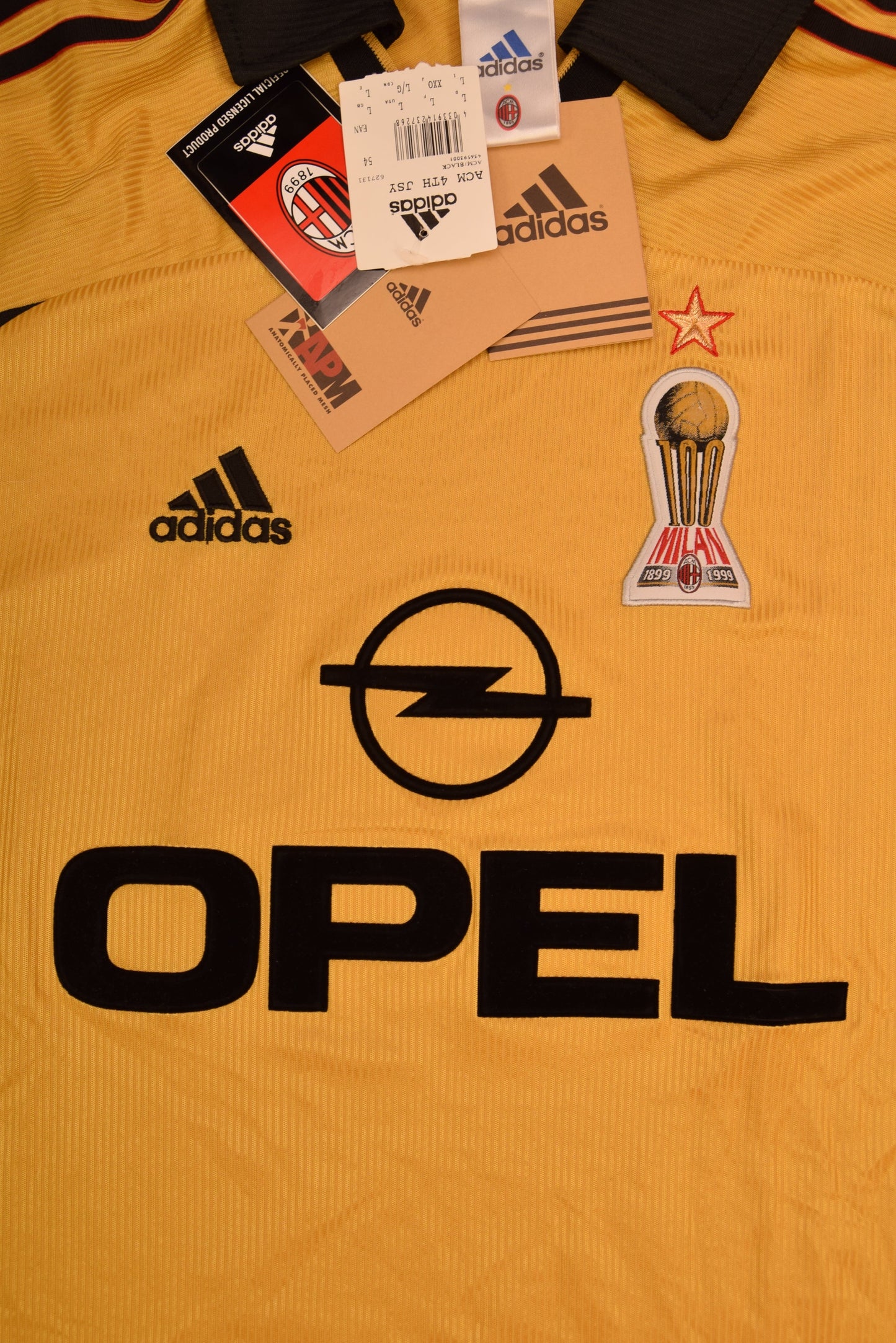 BNWT New Vintage Authentic AC Milan Adidas 1999 - 2000 Fourth Football Shirt Anniversary Centenary 1899 1999 OPEL Size L Made in Italy Gold Deadstock