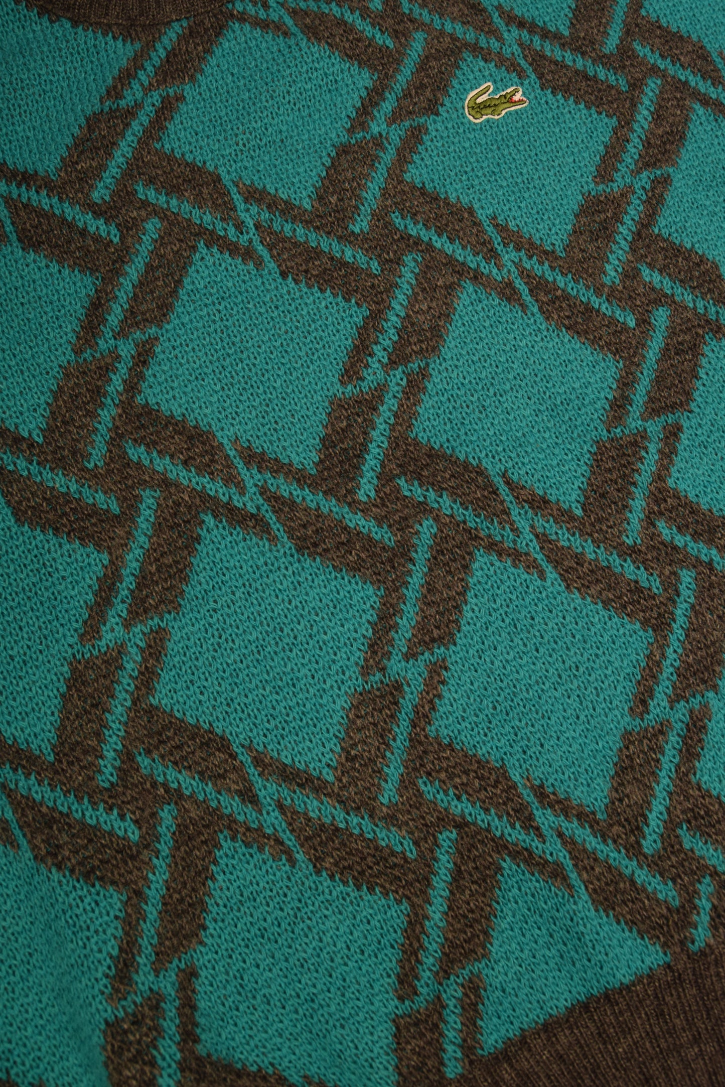 Vintage 80's Lacoste Jumper Made in France Green Grey Abstract Pattern Wool Size M-L