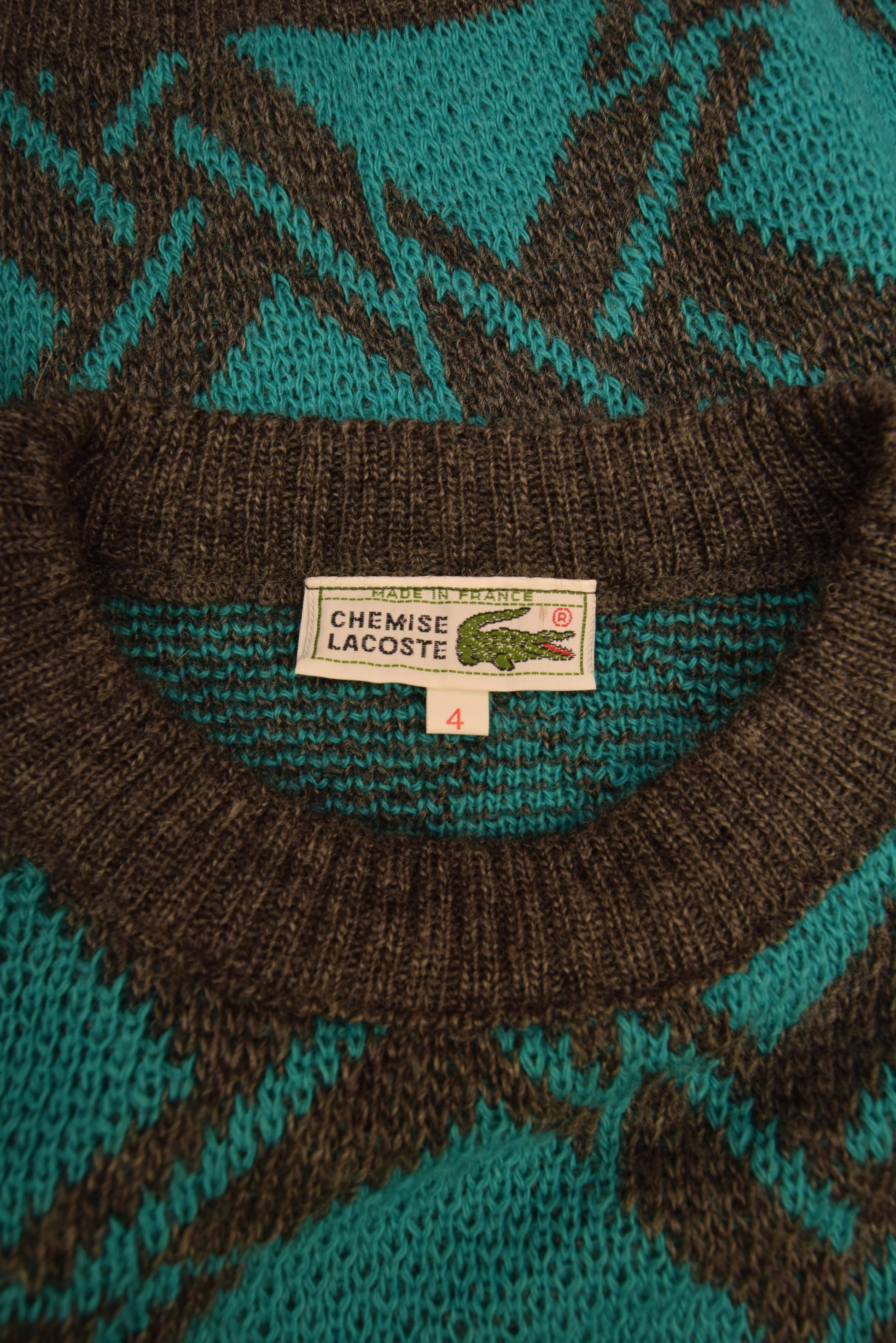 Vintage 80's Lacoste Jumper Made in France Green Grey Abstract Pattern Wool Size M-L
