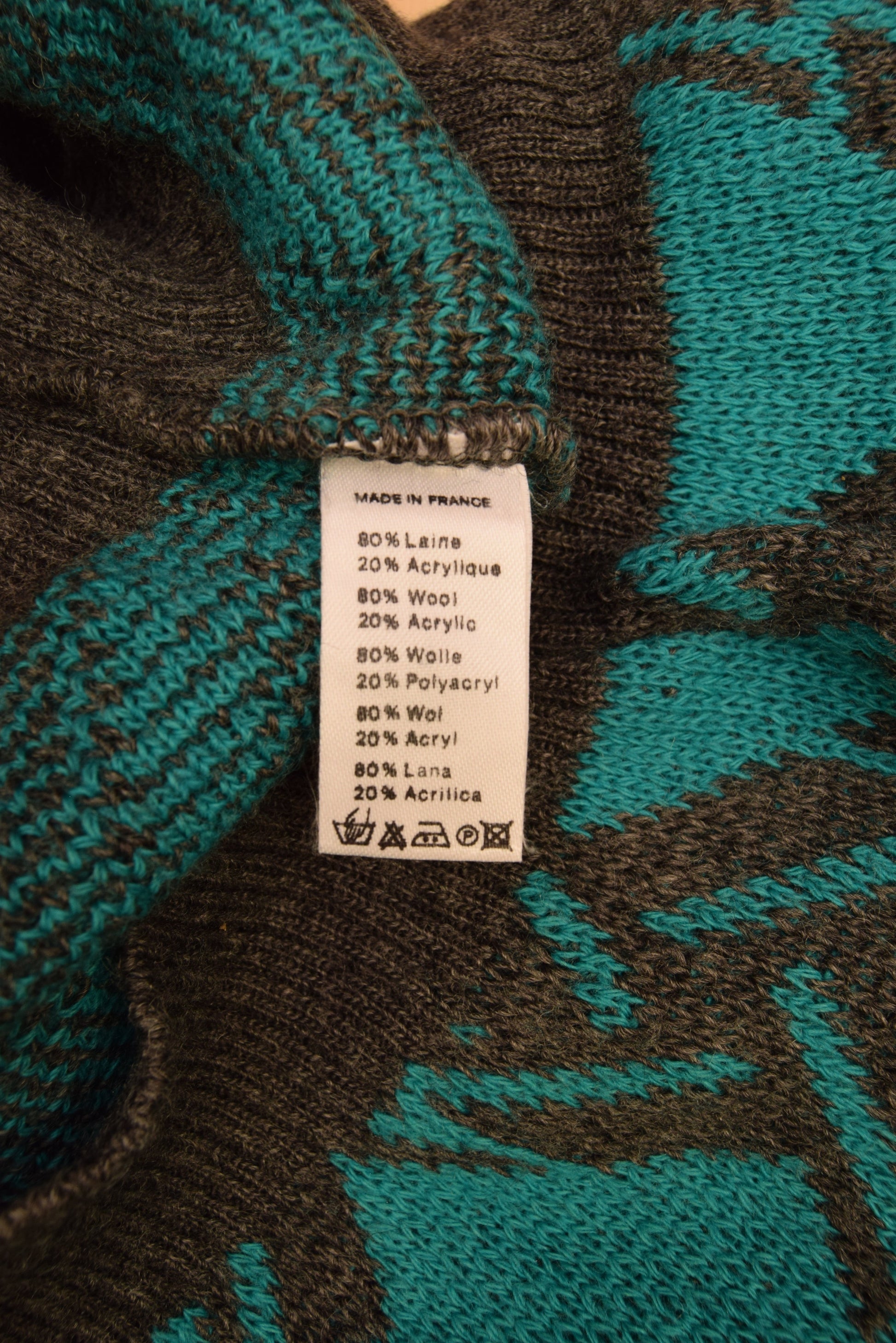 Vintage 80's Lacoste Jumper Made in France Green Grey Abstract Pattern Wool Size M-L
