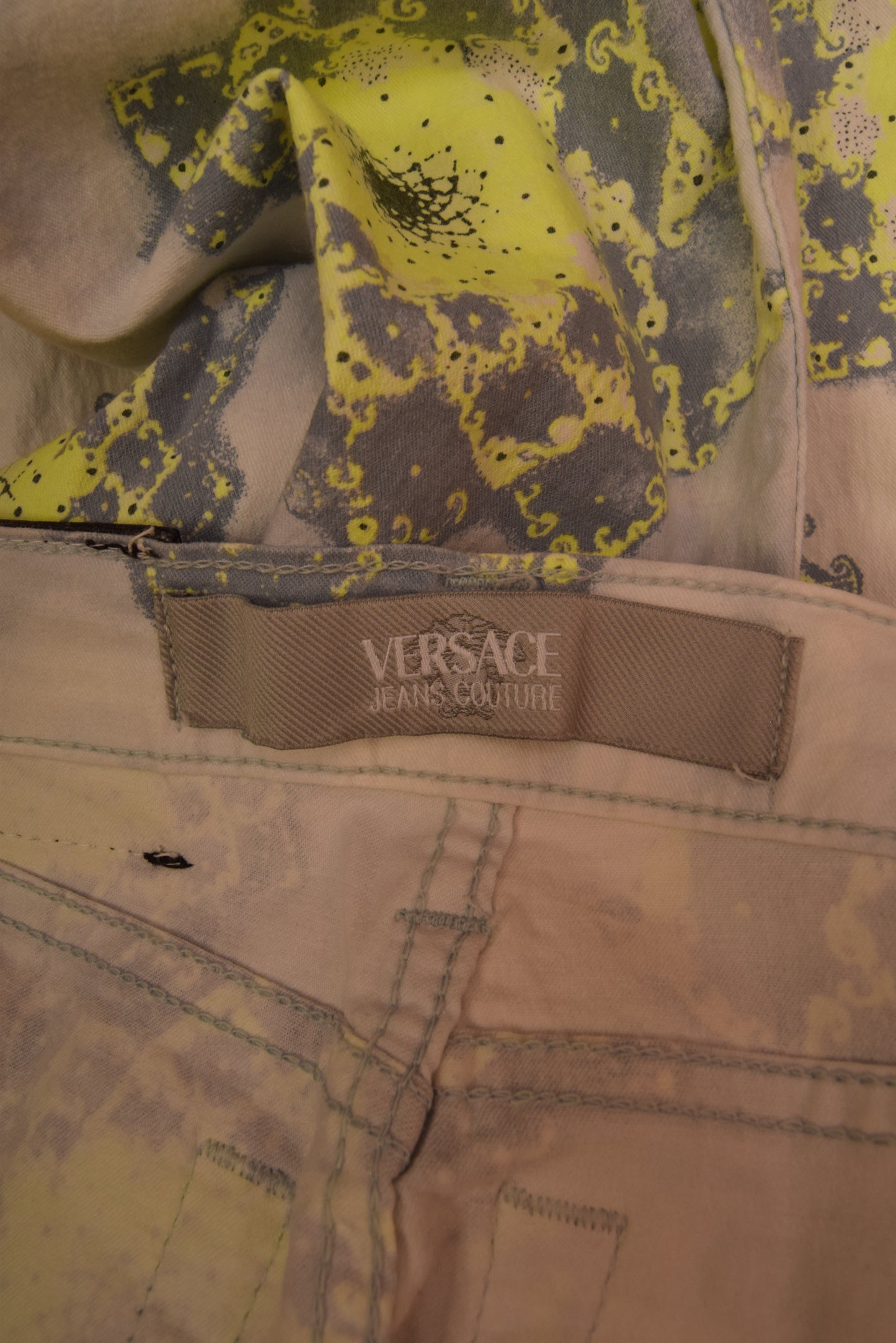 Y2K Versace Jeans Couture Trousers Mid Waist Made in Italy Abstract Pattern Multicolour Size XS-S