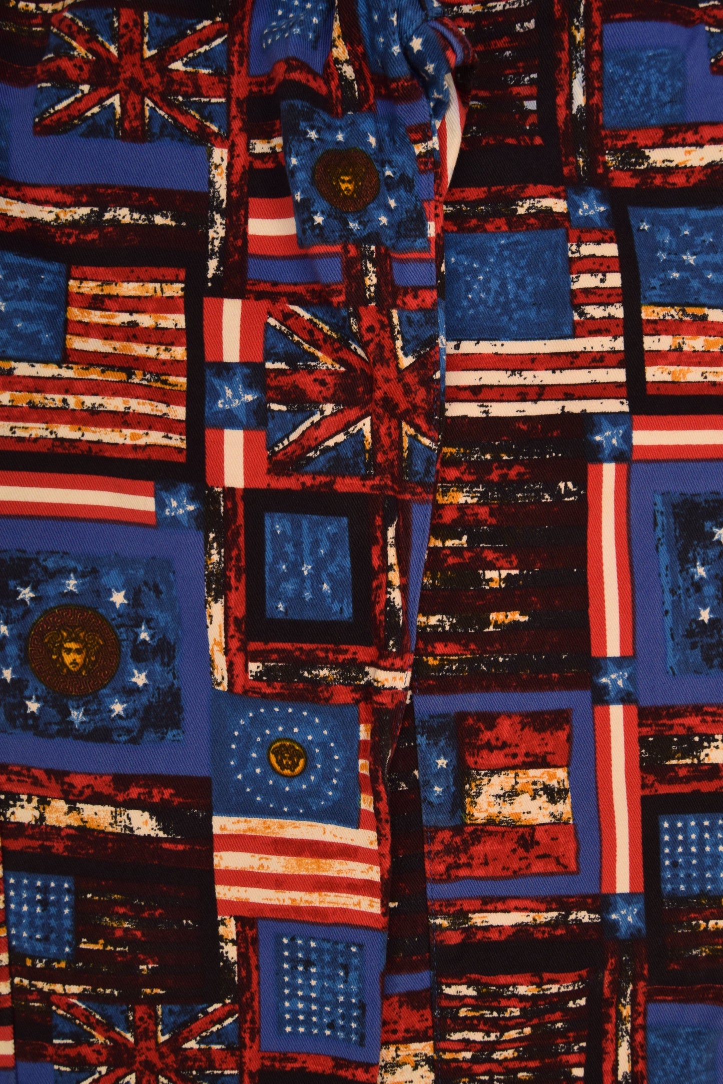 90's Versace Jeans Couture Trousers USA UK Flag Medusa Pattern Ittierre Made in Italy