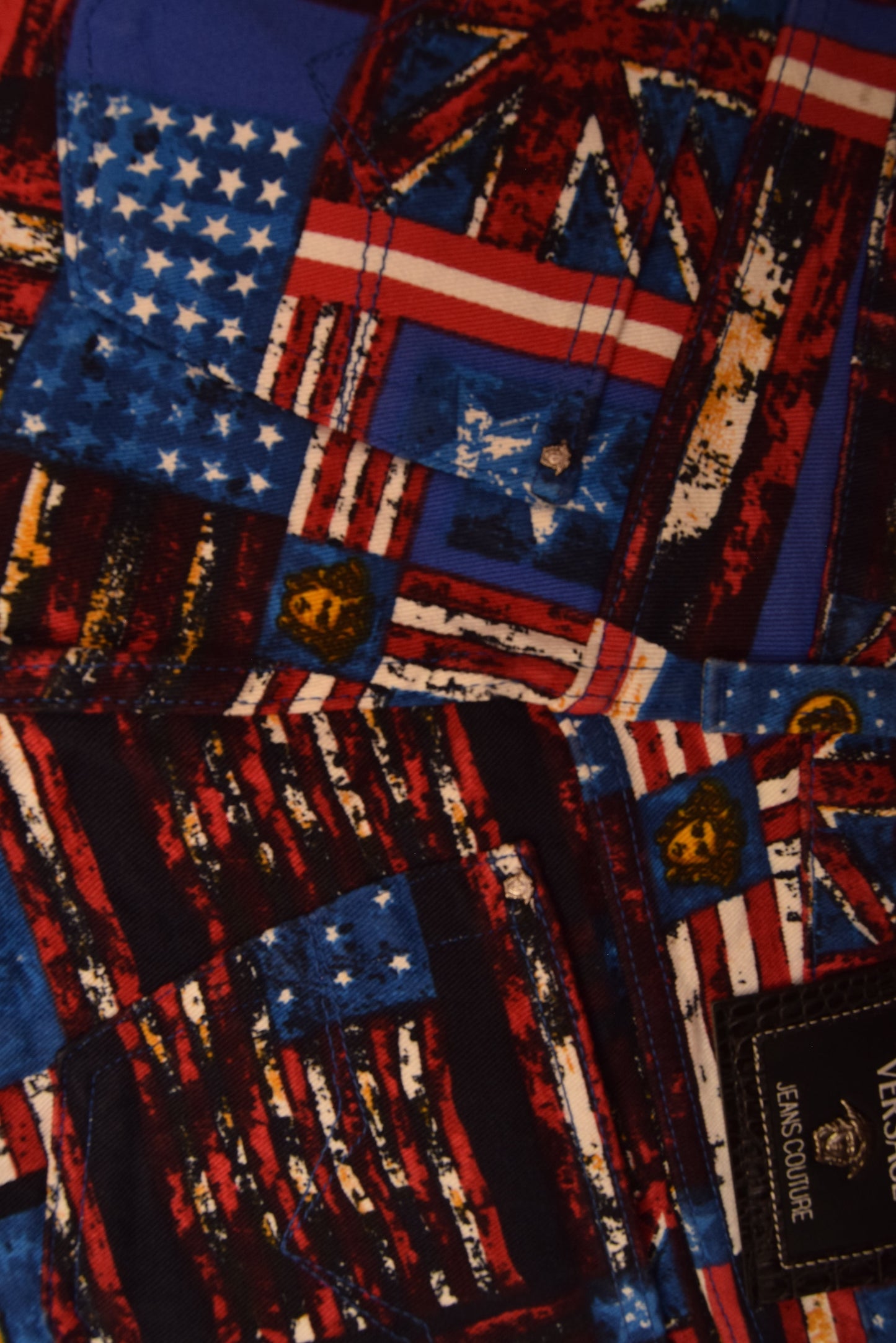 90's Versace Jeans Couture Trousers USA UK Flag Medusa Pattern Ittierre Made in Italy
