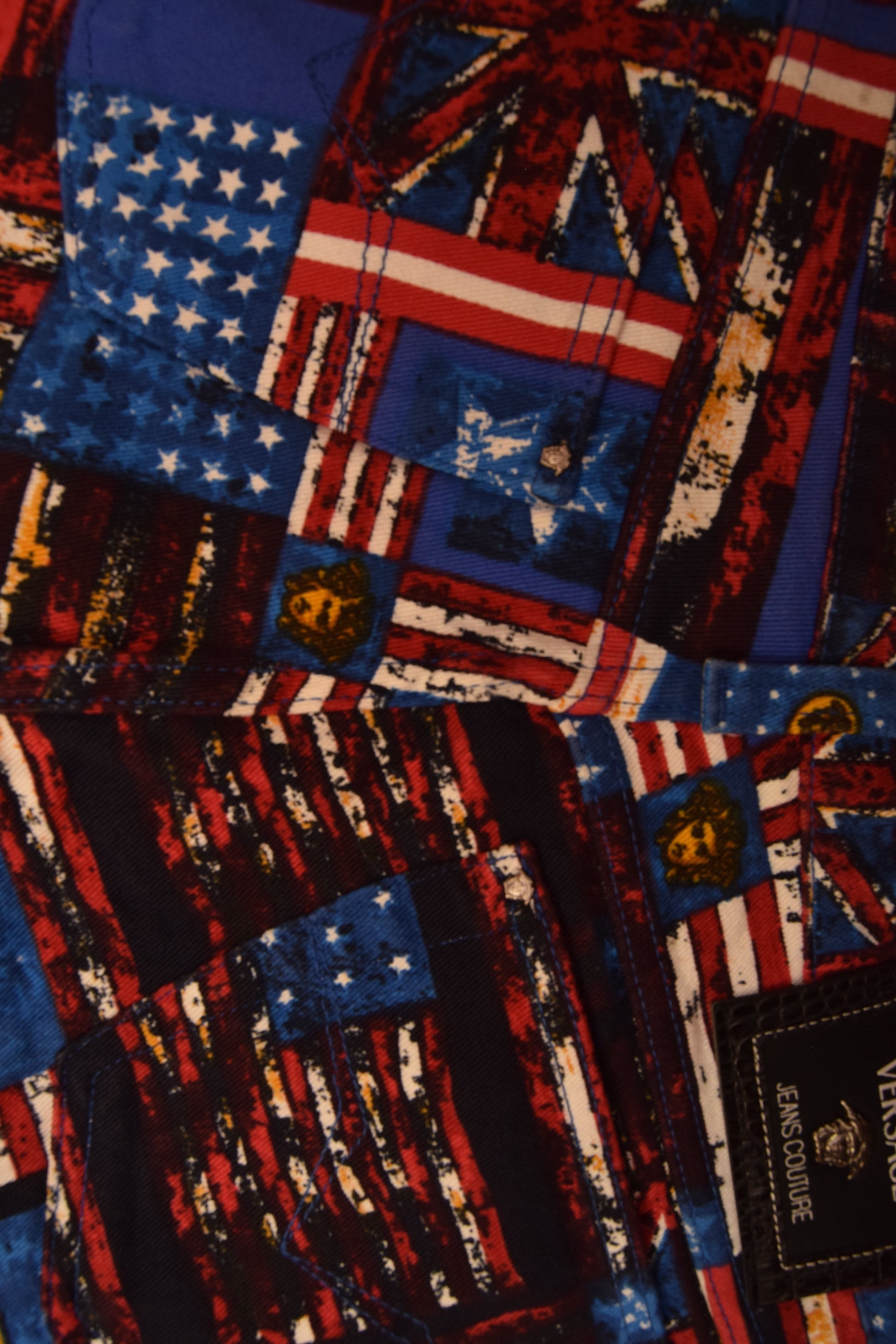 90's Versace Jeans Couture Trousers USA UK Flag Medusa Pattern Ittierre Made in Italy