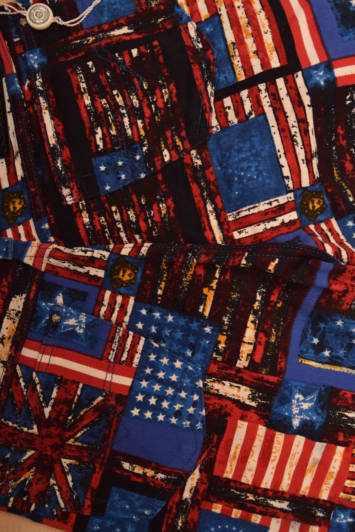90's Versace Jeans Couture Trousers USA UK Flag Medusa Pattern Ittierre Made in Italy