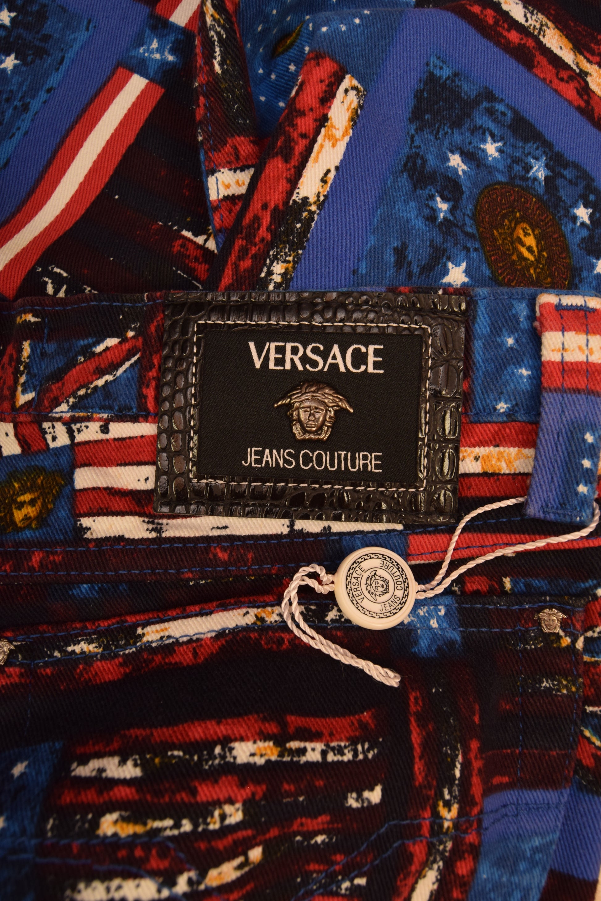 90's Versace Jeans Couture Trousers USA UK Flag Medusa Pattern Ittierre Made in Italy