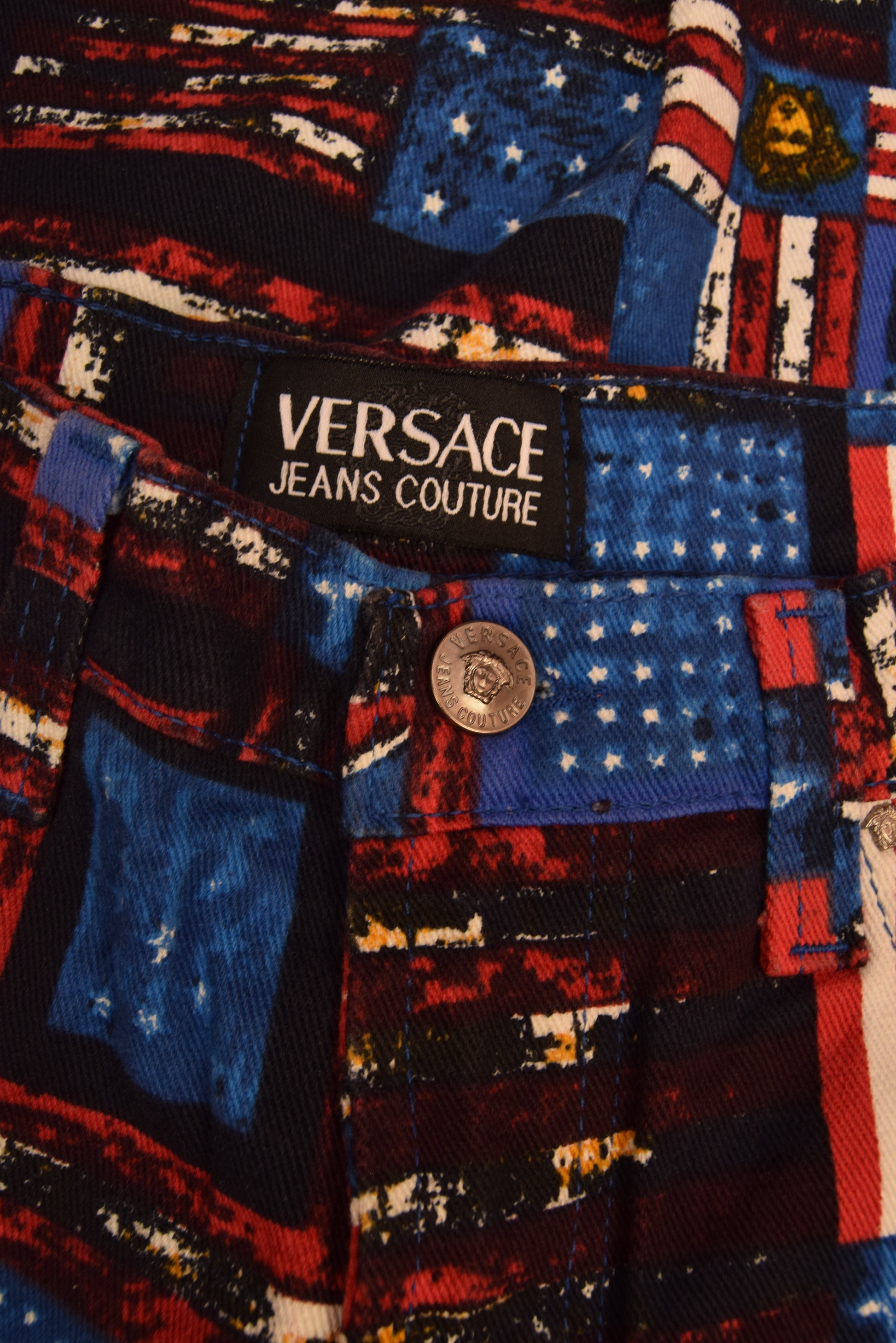90's Versace Jeans Couture Trousers USA UK Flag Medusa Pattern Ittierre Made in Italy