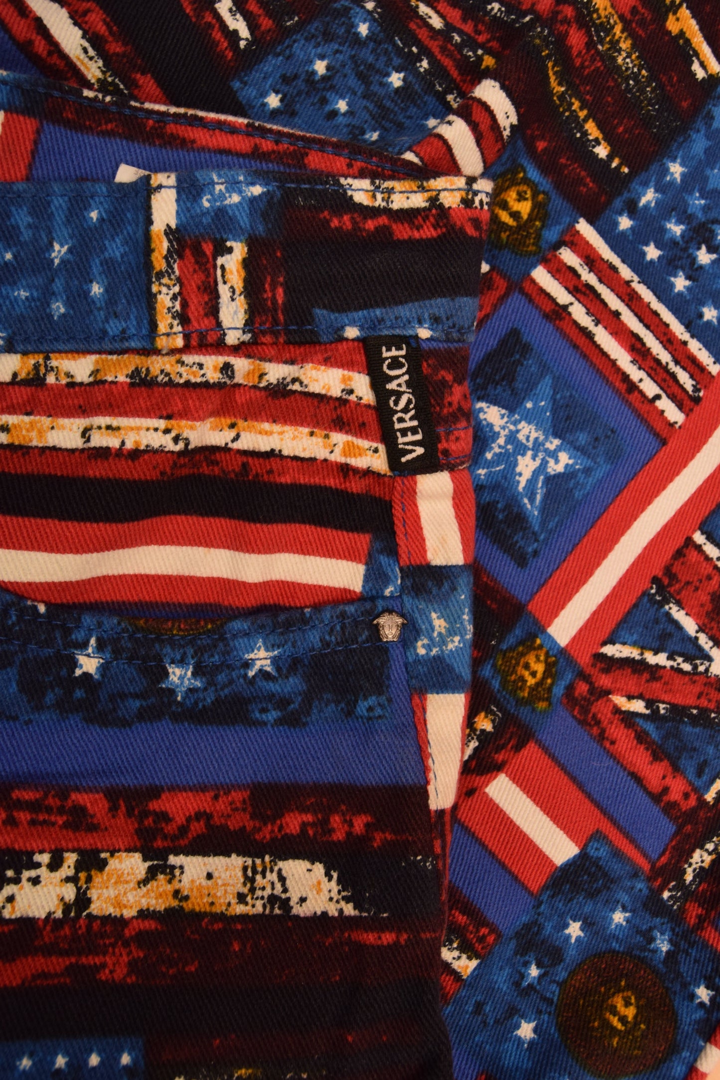 90's Versace Jeans Couture Trousers USA UK Flag Medusa Pattern Ittierre Made in Italy