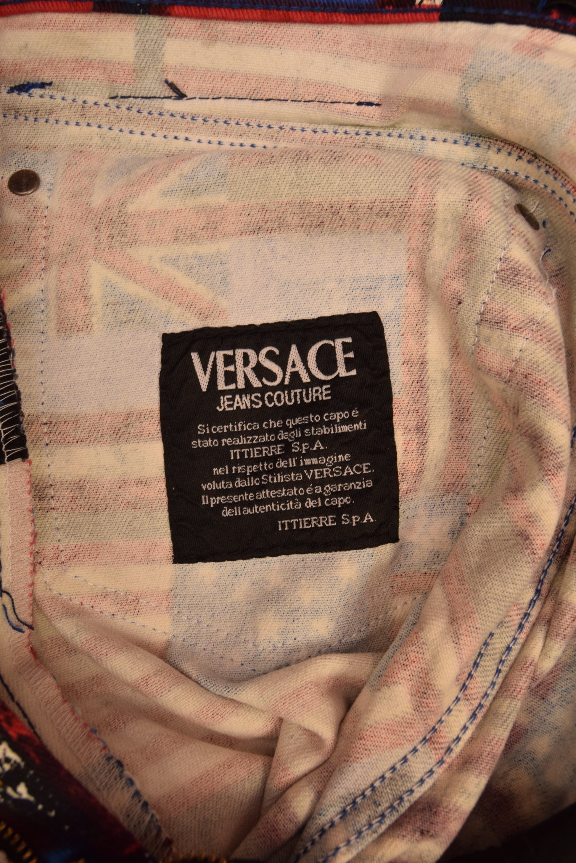 90's Versace Jeans Couture Trousers USA UK Flag Medusa Pattern Ittierre Made in Italy