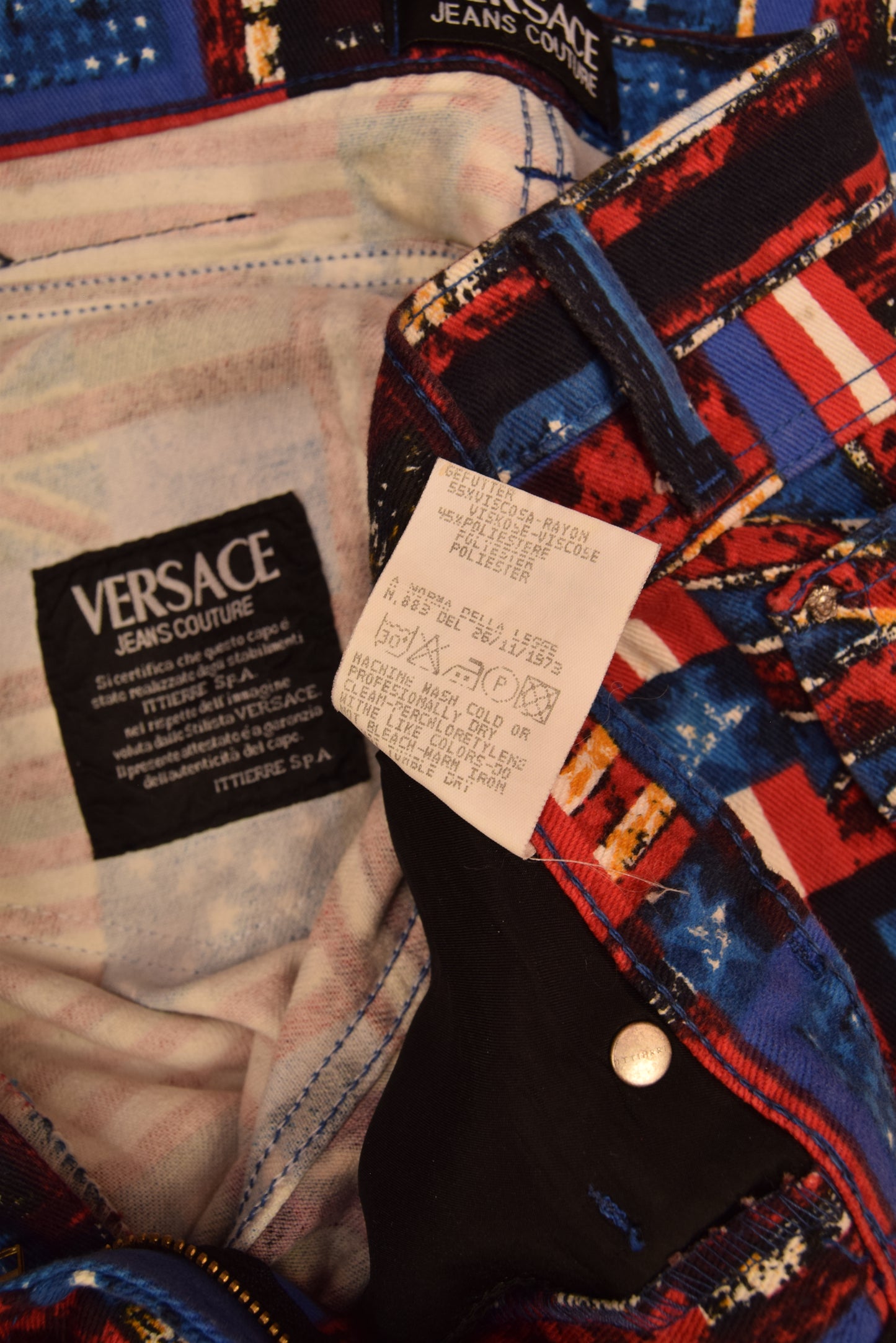 90's Versace Jeans Couture Trousers USA UK Flag Medusa Pattern Ittierre Made in Italy
