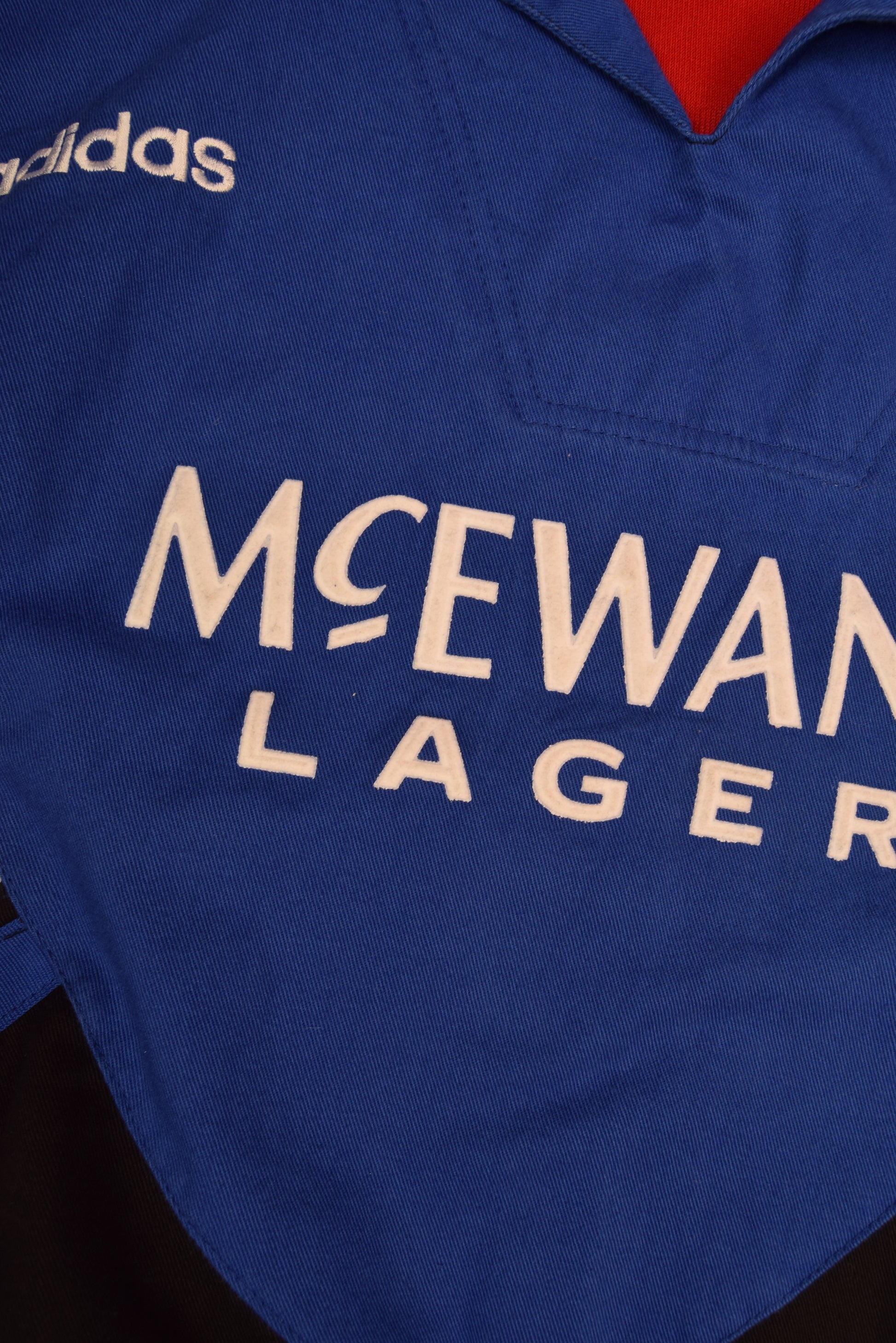 Vintage Glasgow Rangers Adidas Dril Top Sweatshirt 1994 1995 McEwans Lager Made in UK Black Blue Cotton Size 44/46 XL