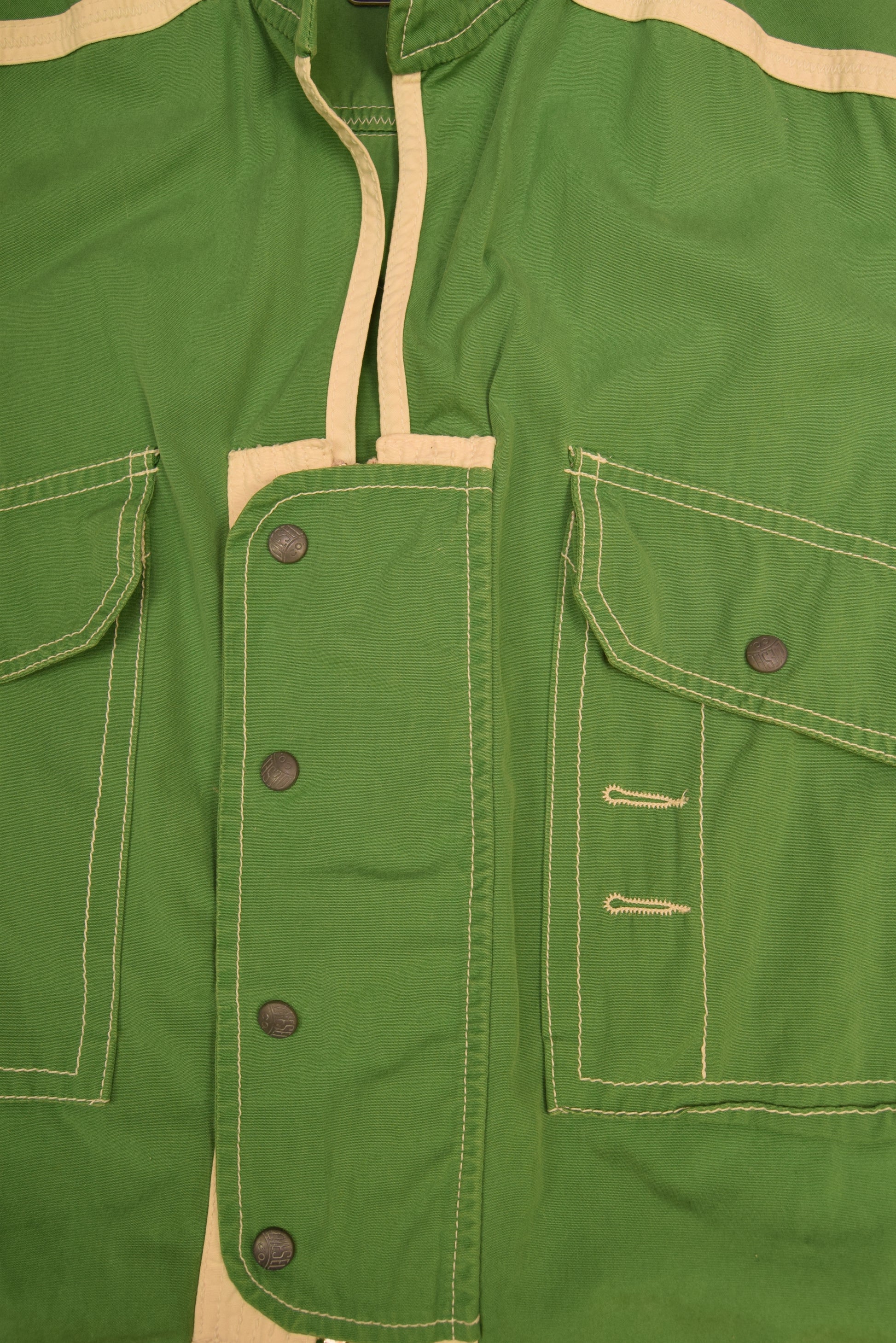 Vintage 80's Diesel Thunder Boating Vest Utilitarian Technical Water Resistant Wind Proof Seaproof Outboard Repair Diesel Inc. Everything Nautical Made in Italy Size L Green