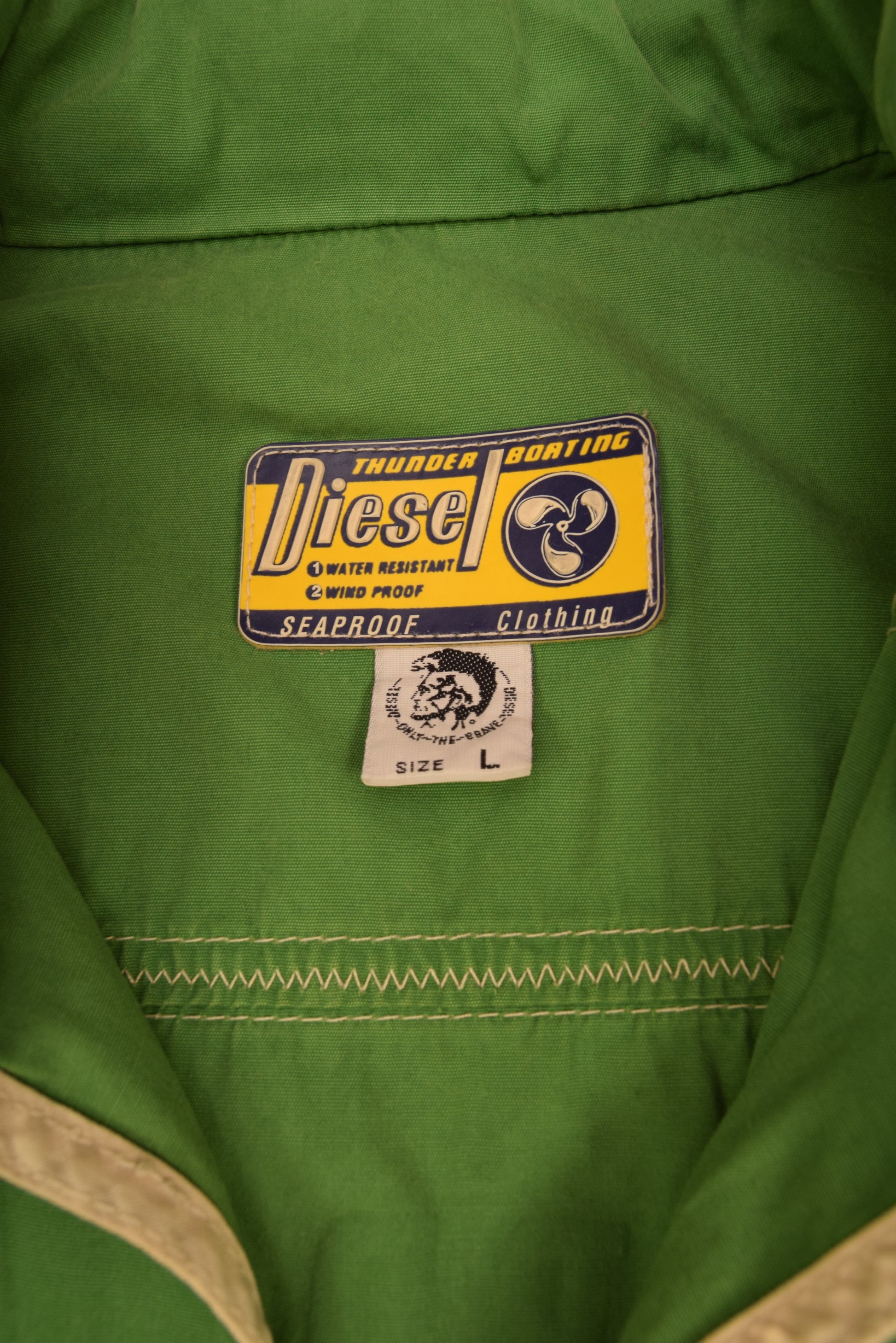 Vintage 80's Diesel Thunder Boating Vest Utilitarian Technical Water Resistant Wind Proof Seaproof Outboard Repair Diesel Inc. Everything Nautical Made in Italy Size L Green