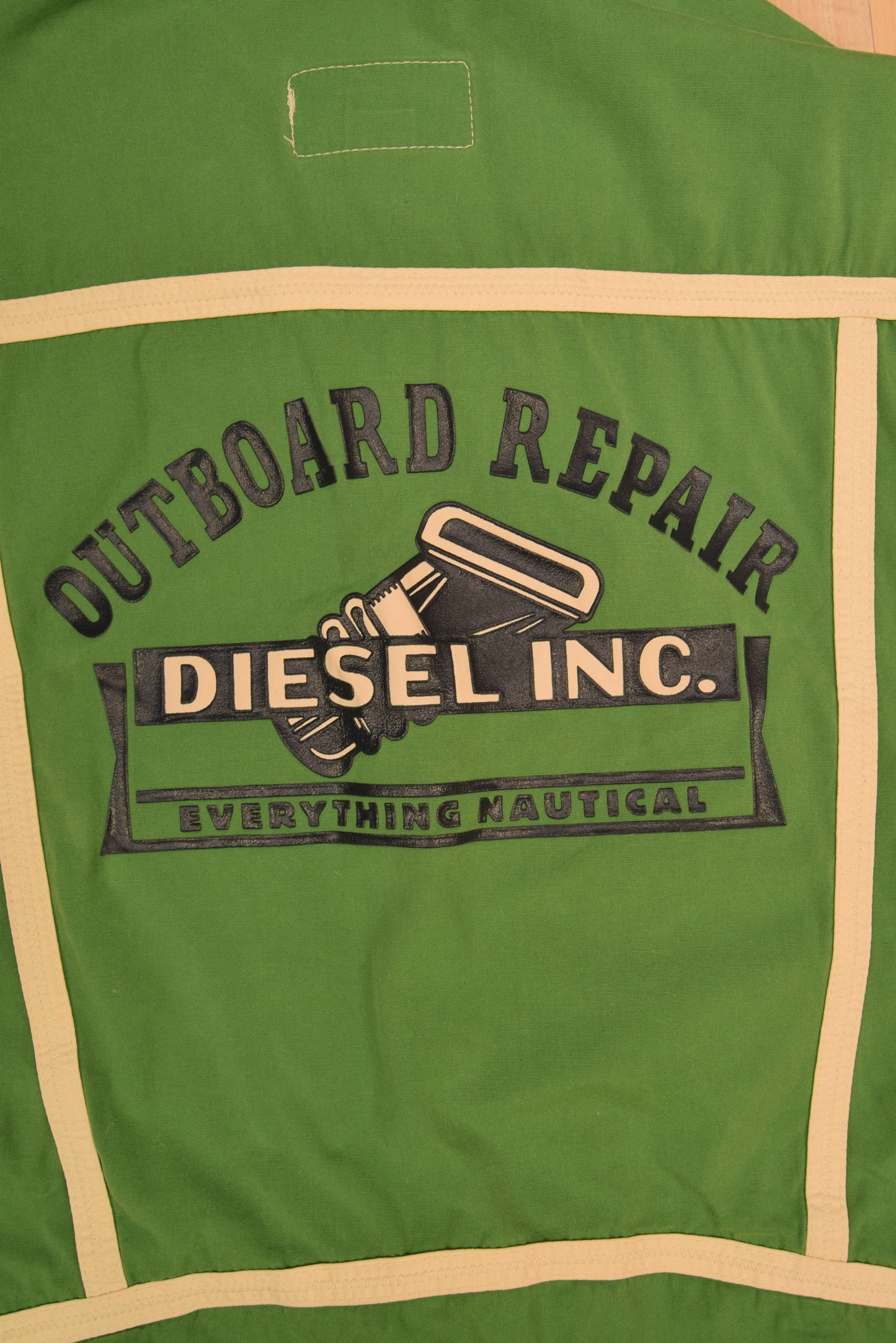 Vintage 80's Diesel Thunder Boating Vest Utilitarian Technical Water Resistant Wind Proof Seaproof Outboard Repair Diesel Inc. Everything Nautical Made in Italy Size L Green
