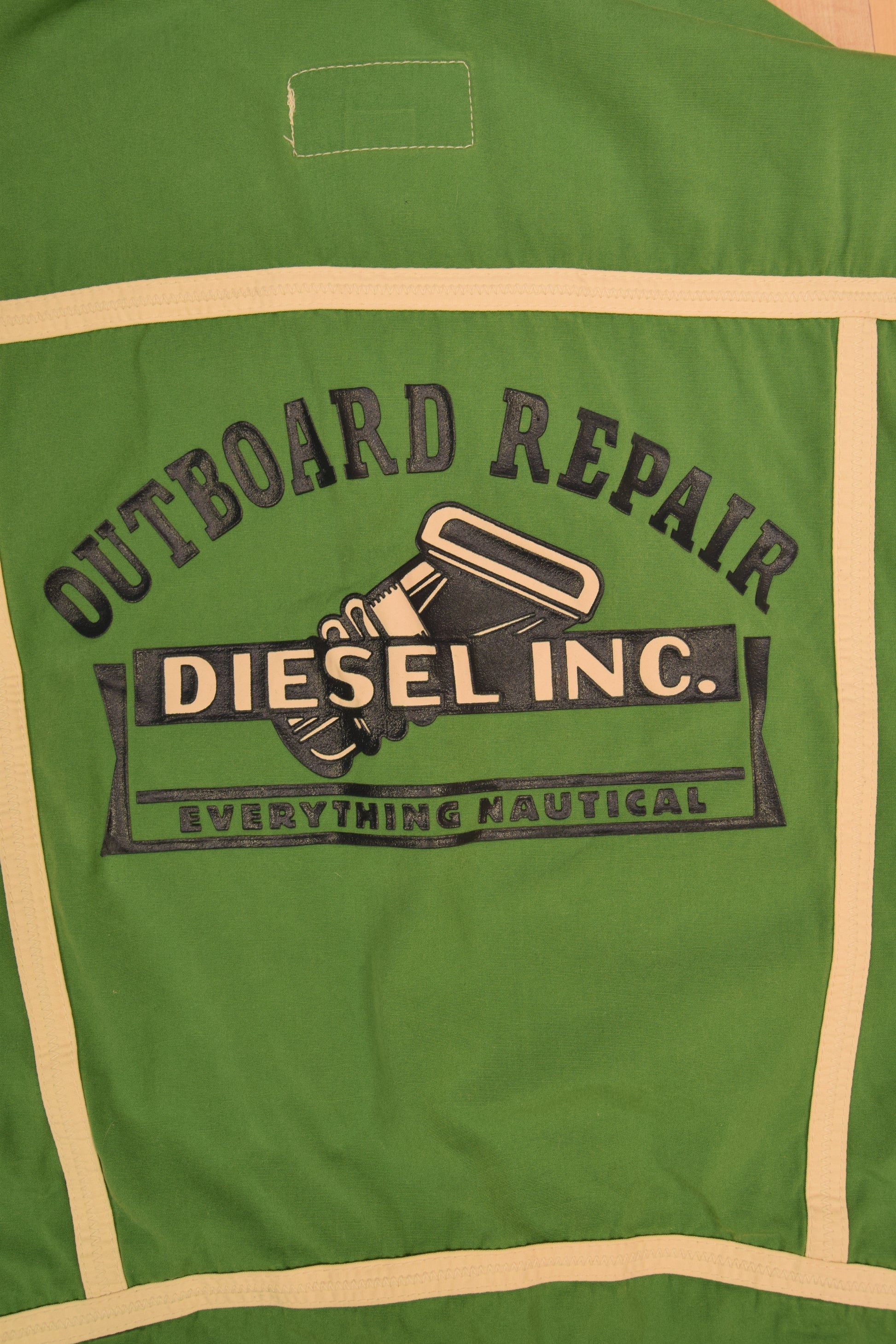Vintage 80's Diesel Thunder Boating Vest Utilitarian Technical Water Resistant Wind Proof Seaproof Outboard Repair Diesel Inc. Everything Nautical Made in Italy Size L Green
