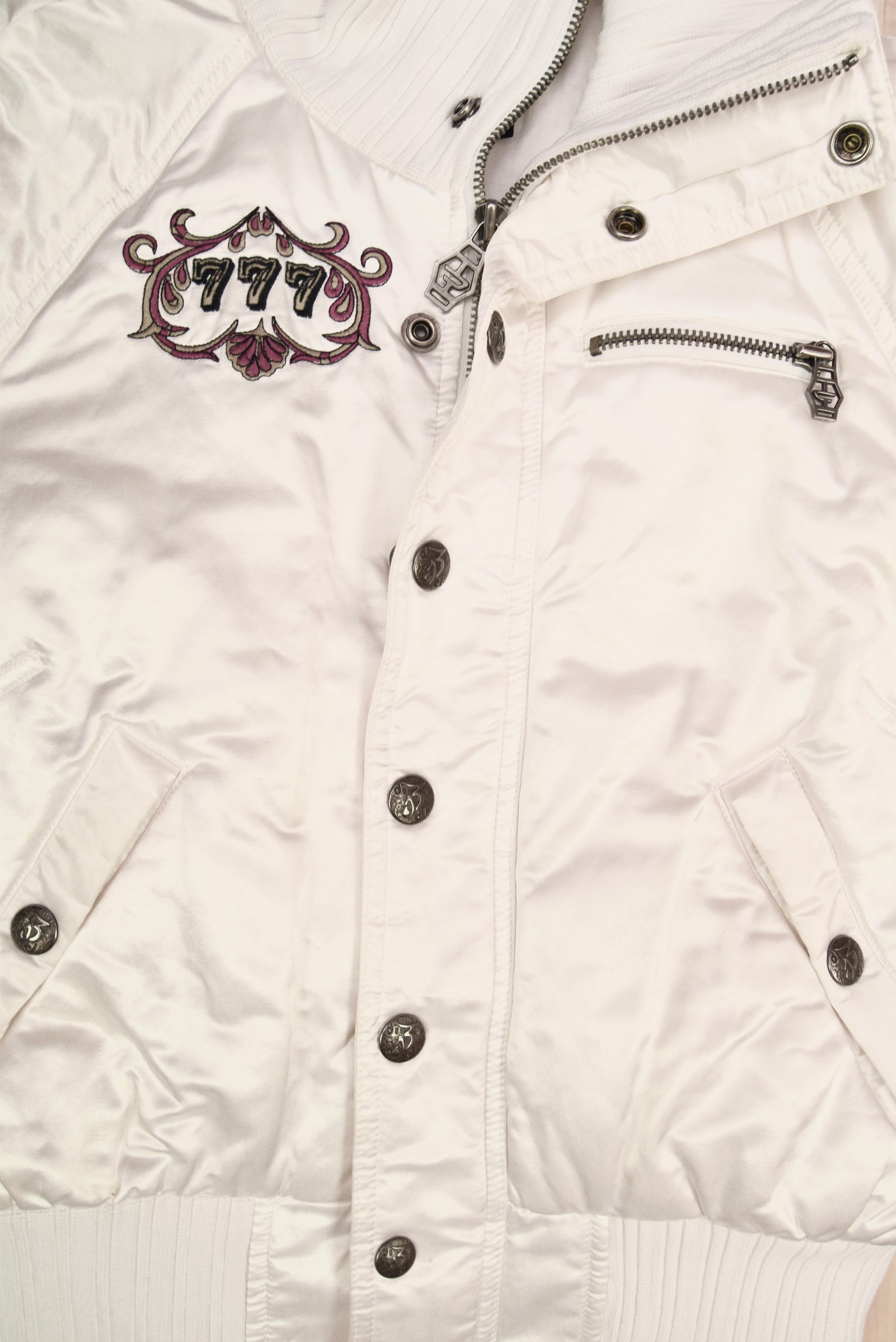 Y2K 00's Diesel Shiny White Jacket Size S-M The Lucky Gamble Flaming Dice The Jolly Joker 777