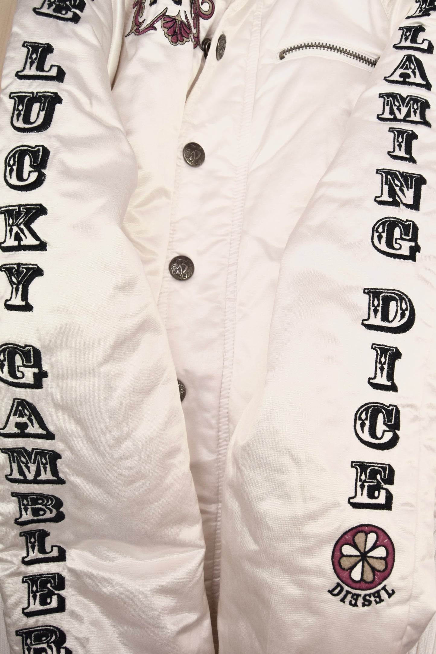 Y2K 00's Diesel Shiny White Jacket Size S-M The Lucky Gamble Flaming Dice The Jolly Joker 777