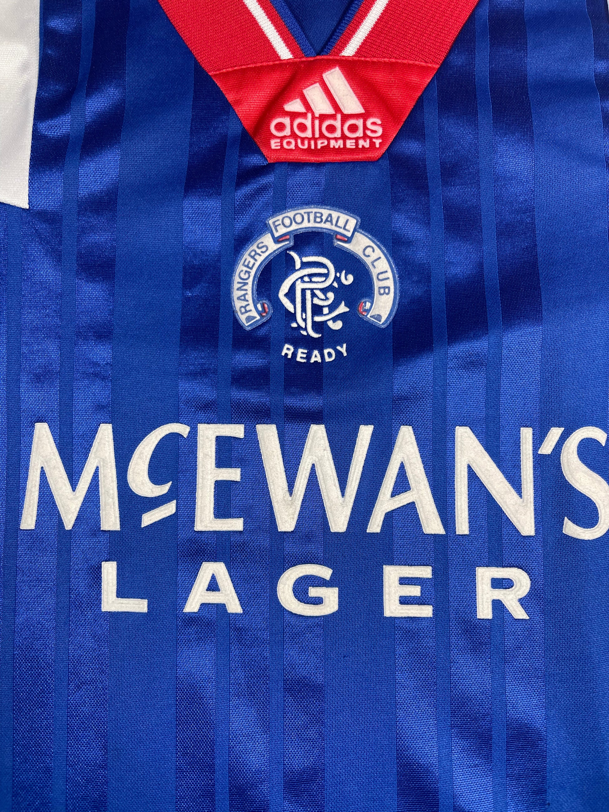 Glasgow Rangers Adidas Equipment 1992 1993 1994 Home Football Shirt McEwan's Lager Size 42''-44''/L Made in UK Blue