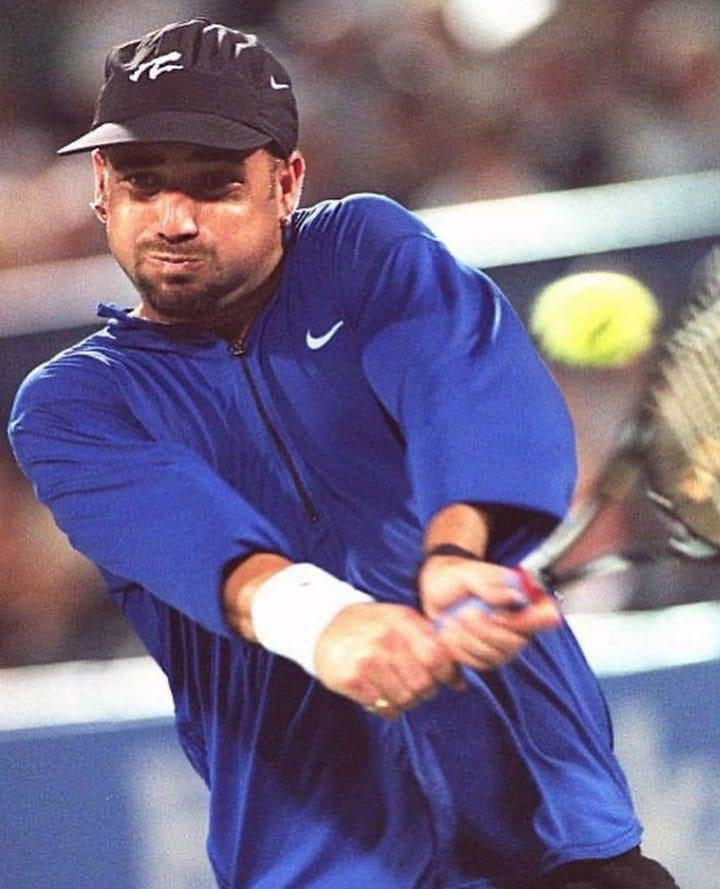 Vintage Nike Andre Agassi US Open 1996 Tennis Shirt 90's Size L Dri F.I.T. Blue