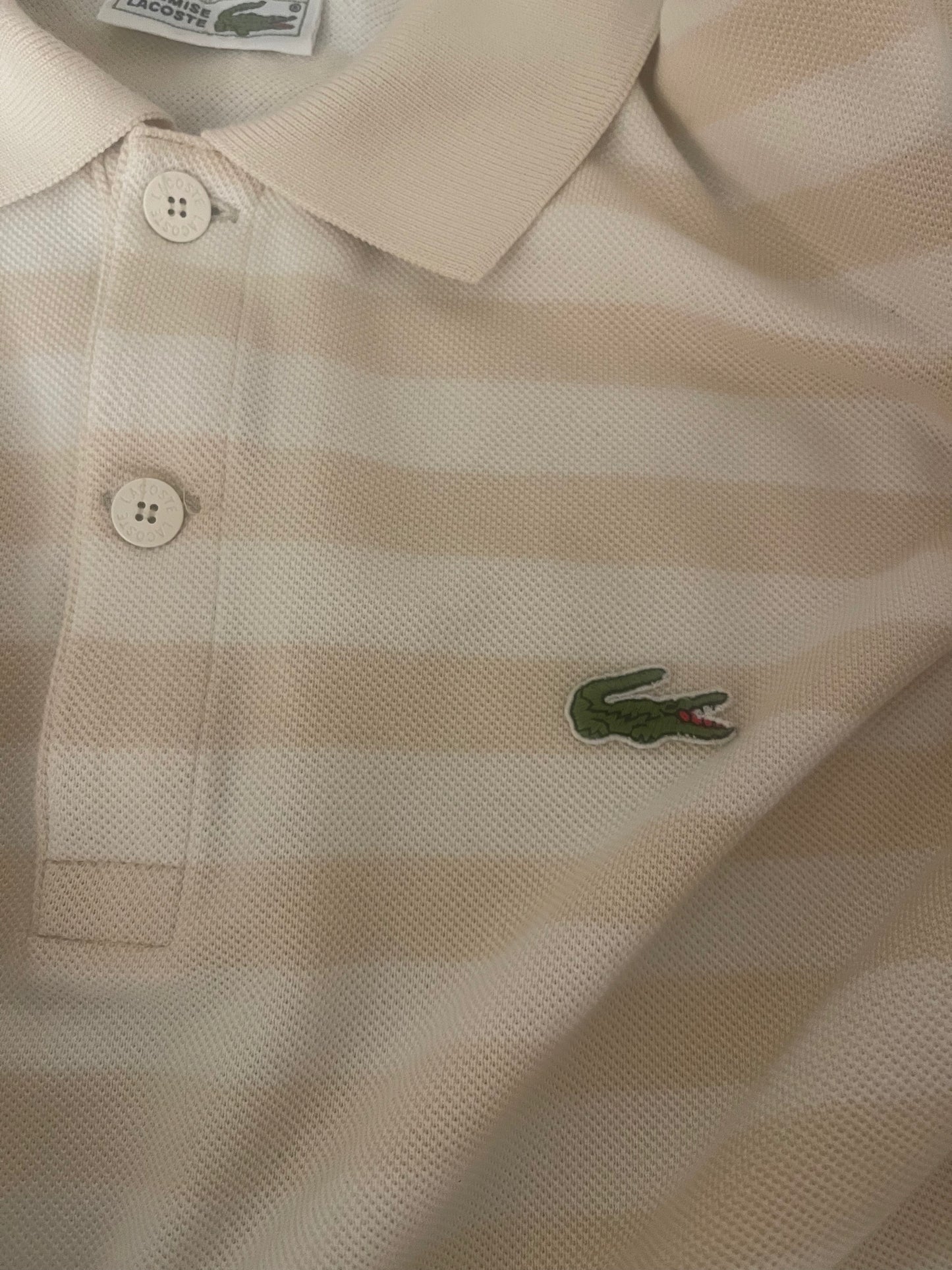 Vintage 80's 90's Lacoste Chemise Pique Fleur de Coton Made in France Striped Polo Collared Polo Sweatshirt Half Button Beige Cotton Size Boxy S-M-L