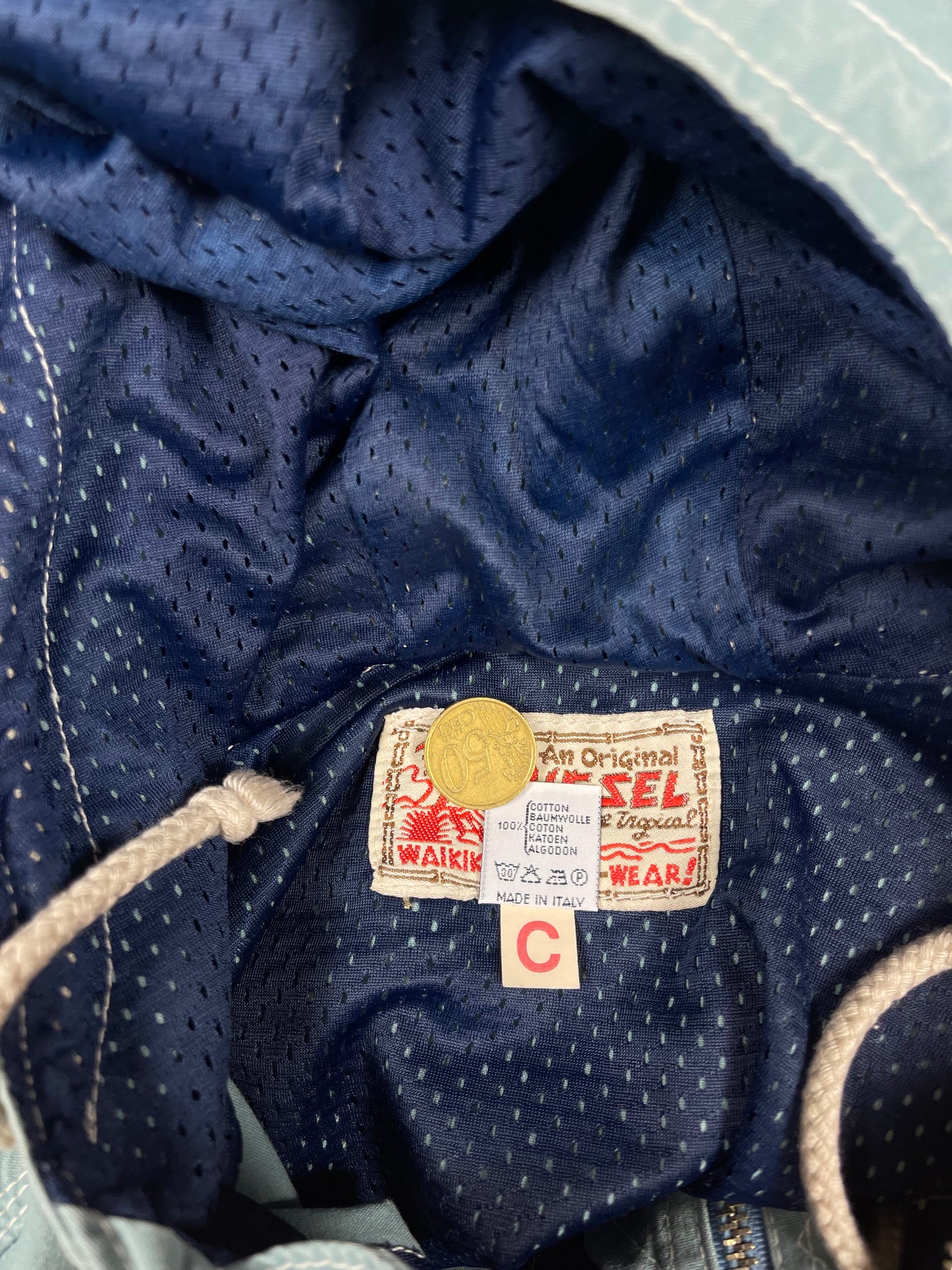 Vintage 80's 90's Diesel Hooded Jacket Size L Made in Italy Waikiki Wonder Wear Light Blue Dusty Blue