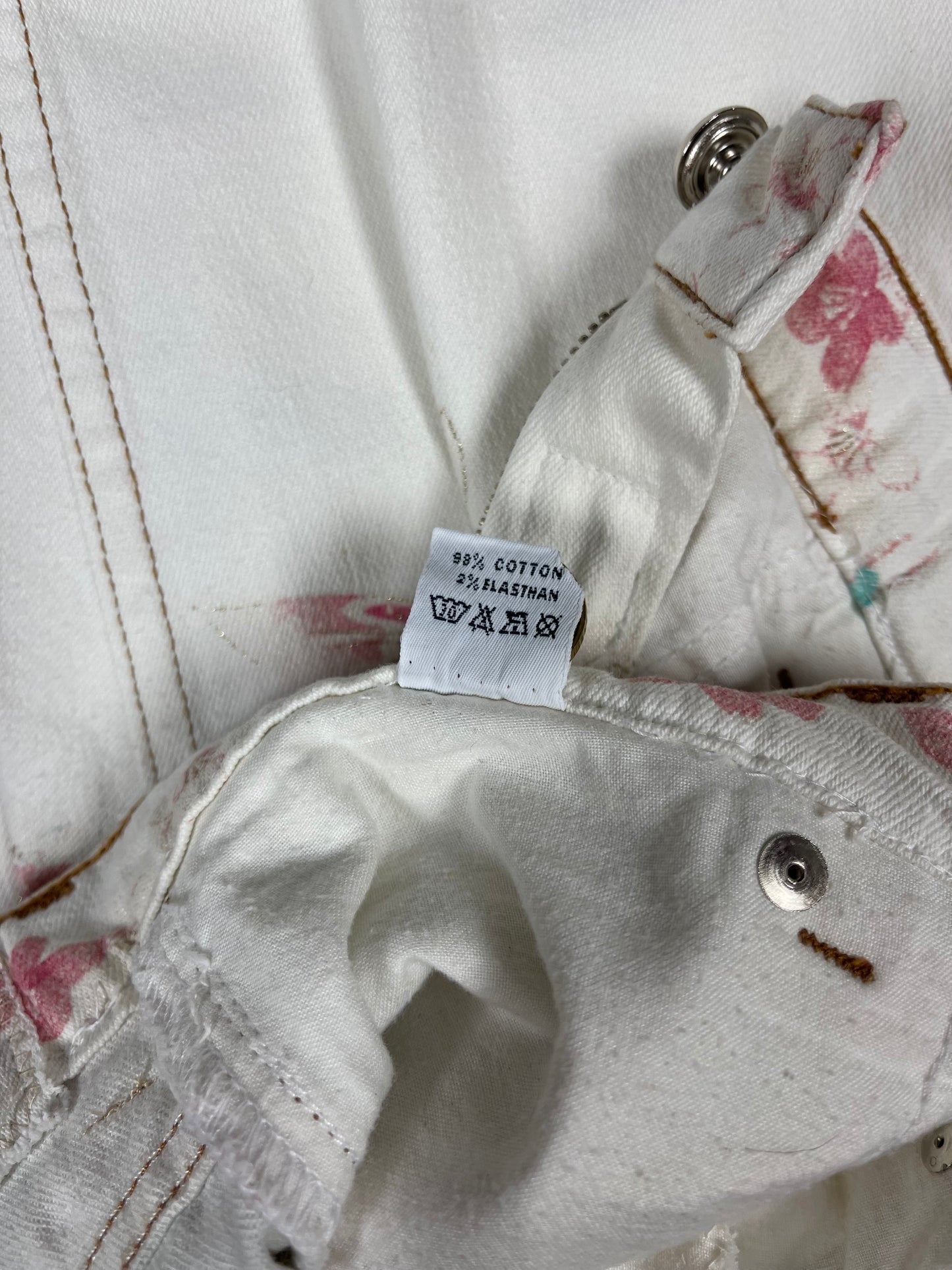 Vintage 90's Roberto Cavalli Mom Jeans Trousers Made in Italy Size M White Romantic Floral Peacock Flowers Butterfly Cotton