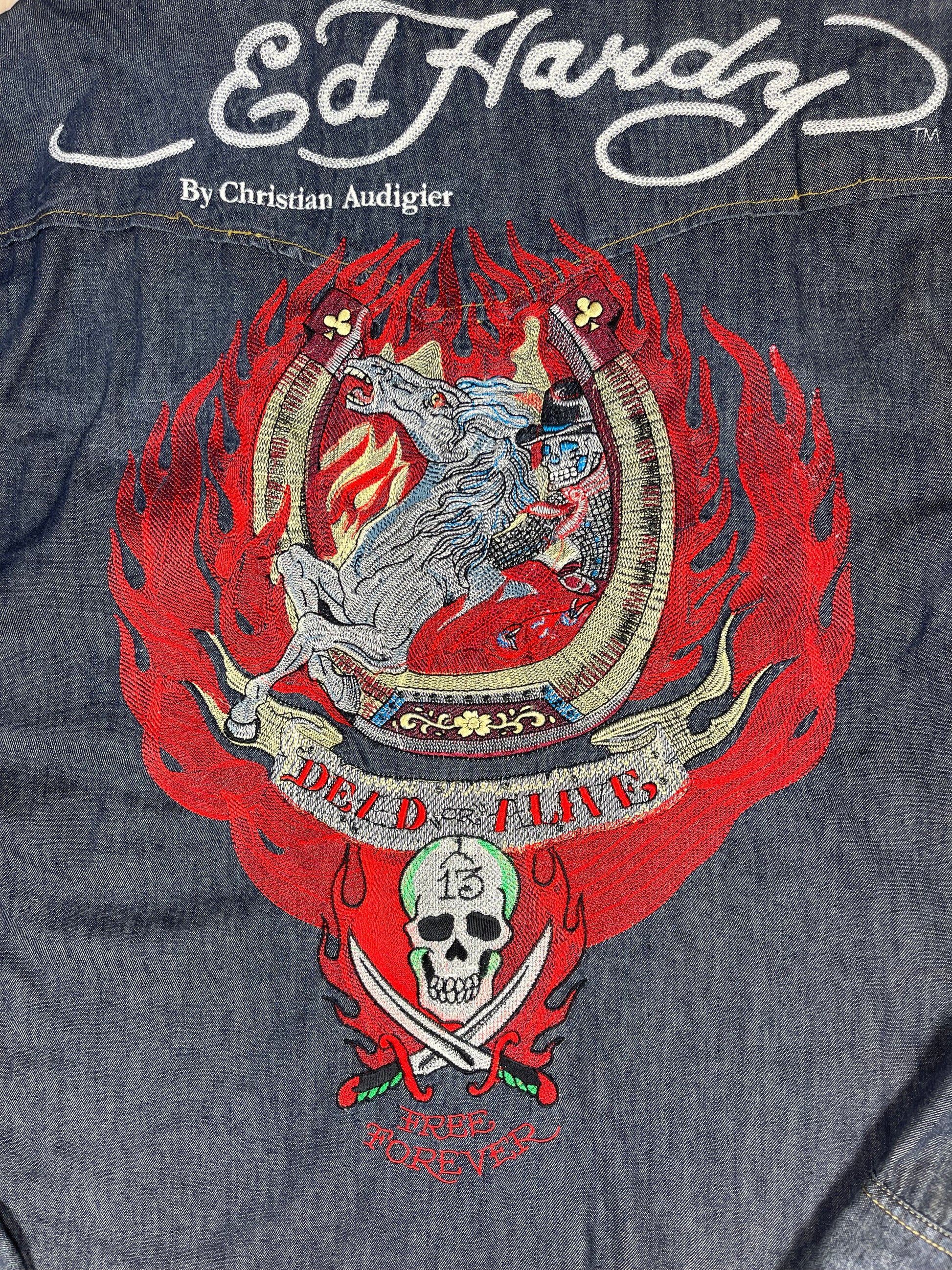 Y2K Ed Hardy by Christian Audigier Denim Shirt Tattoo Dead or Live Size XXL