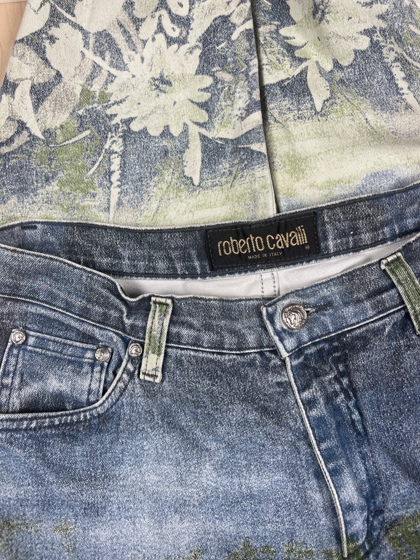 š„Vintage 90's 00's Roberto Cavalli Denim Jeans Pants Trousers Made in Italy Size M-L Baggy Low Waist Y2K Floral Abstract Pattern