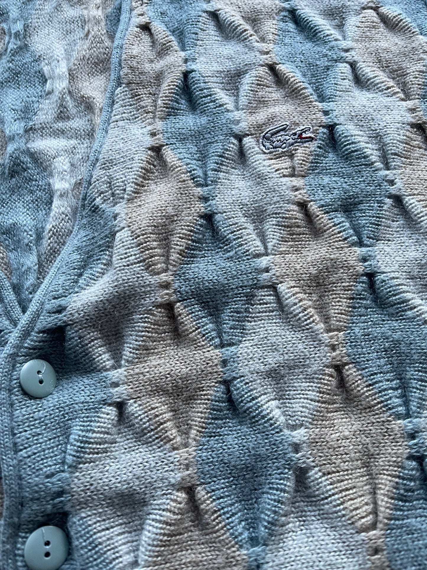 Vintage 80's Lacoste Chemise Cardigan Made in Spain Size M L Soft Grey Earthy Beige Stormy Blue