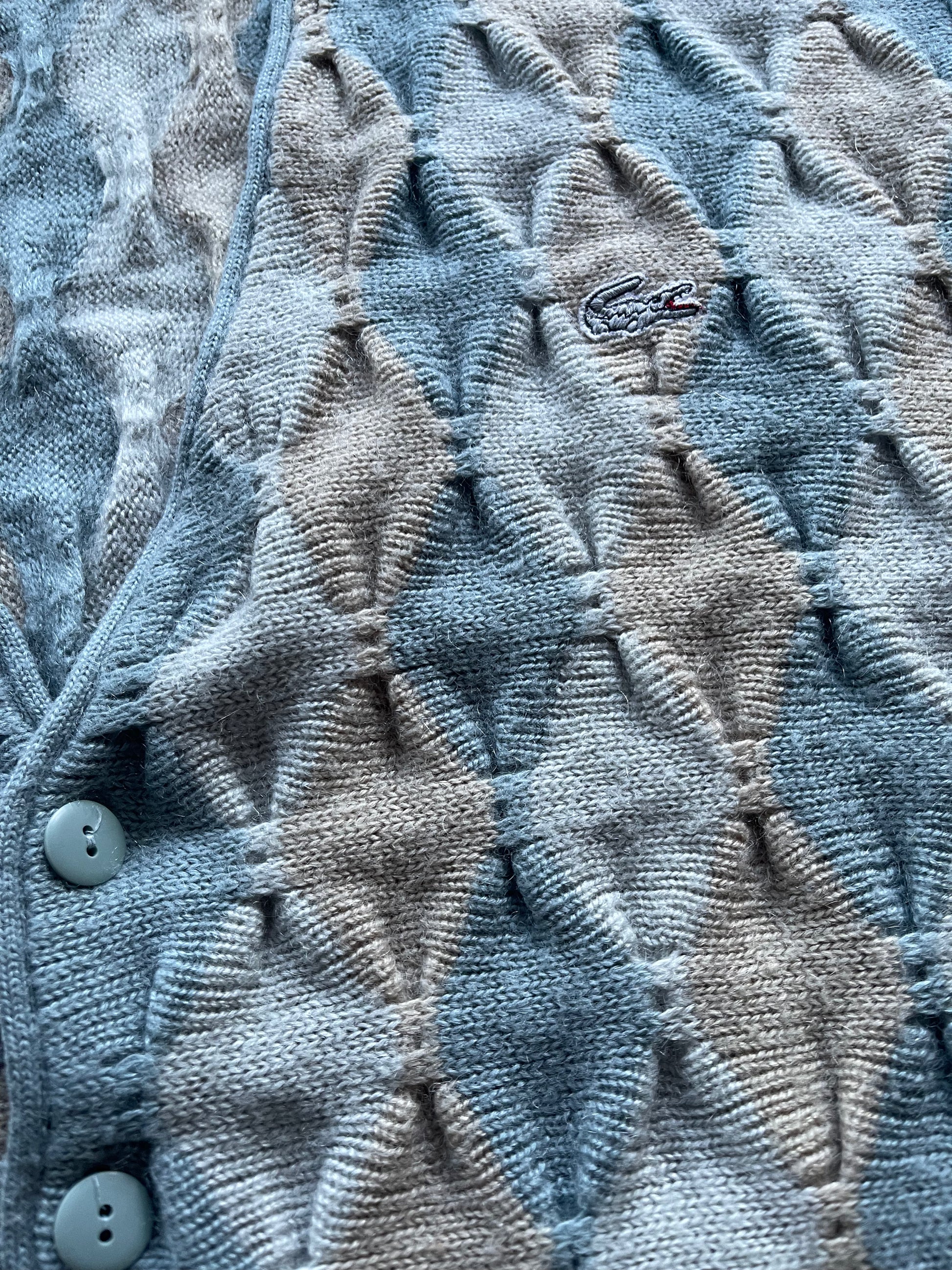 Vintage 80's Lacoste Chemise Cardigan Made in Spain Size M L Soft Grey Earthy Beige Stormy Blue