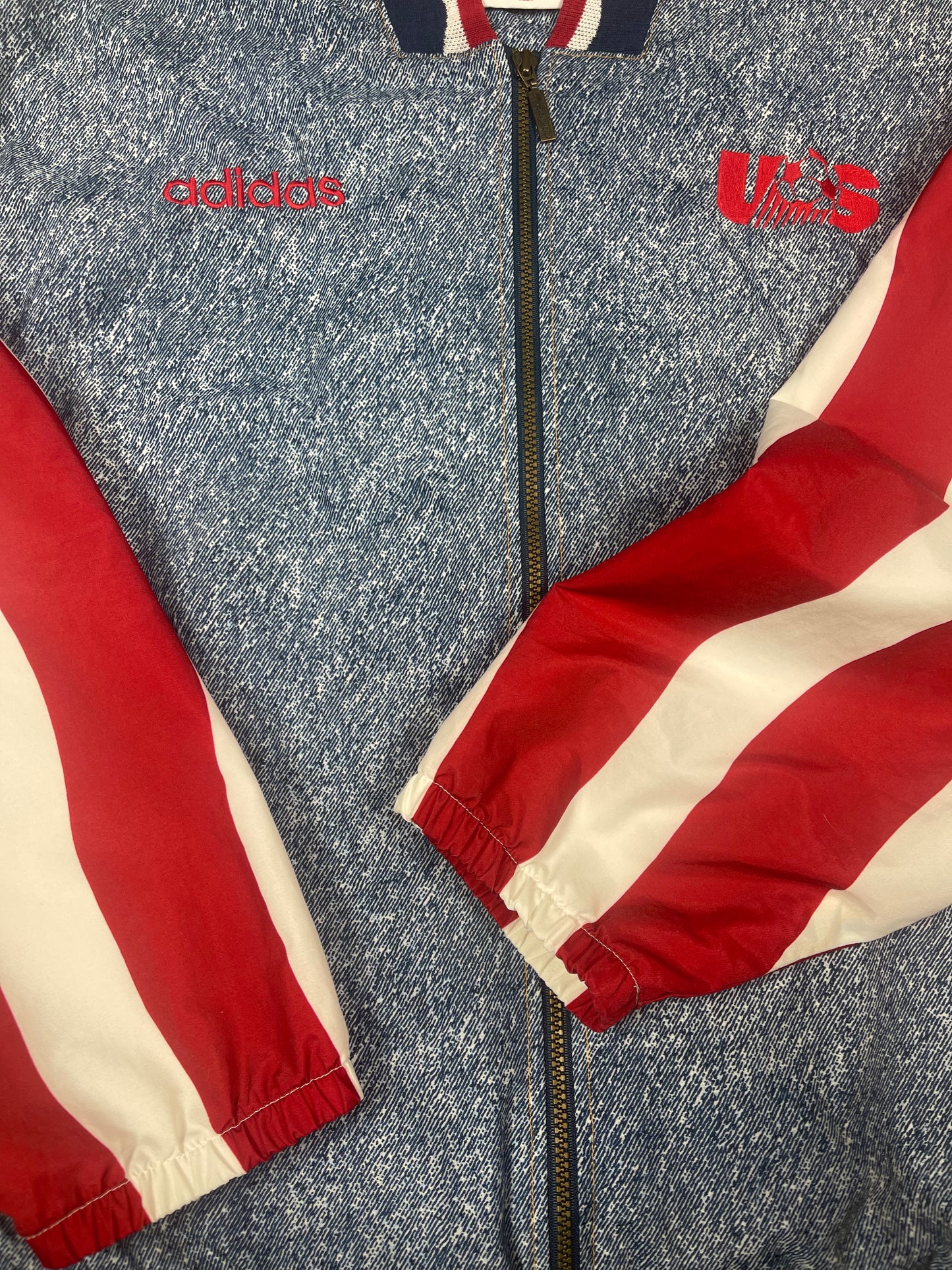 💎 ⚽️ 🇺🇸 Vintage Iconic Rare Grail 1994 USA World Cup Adidas Football Soccer Jacket Cotton Polyester Red Blue White Denim Pattern