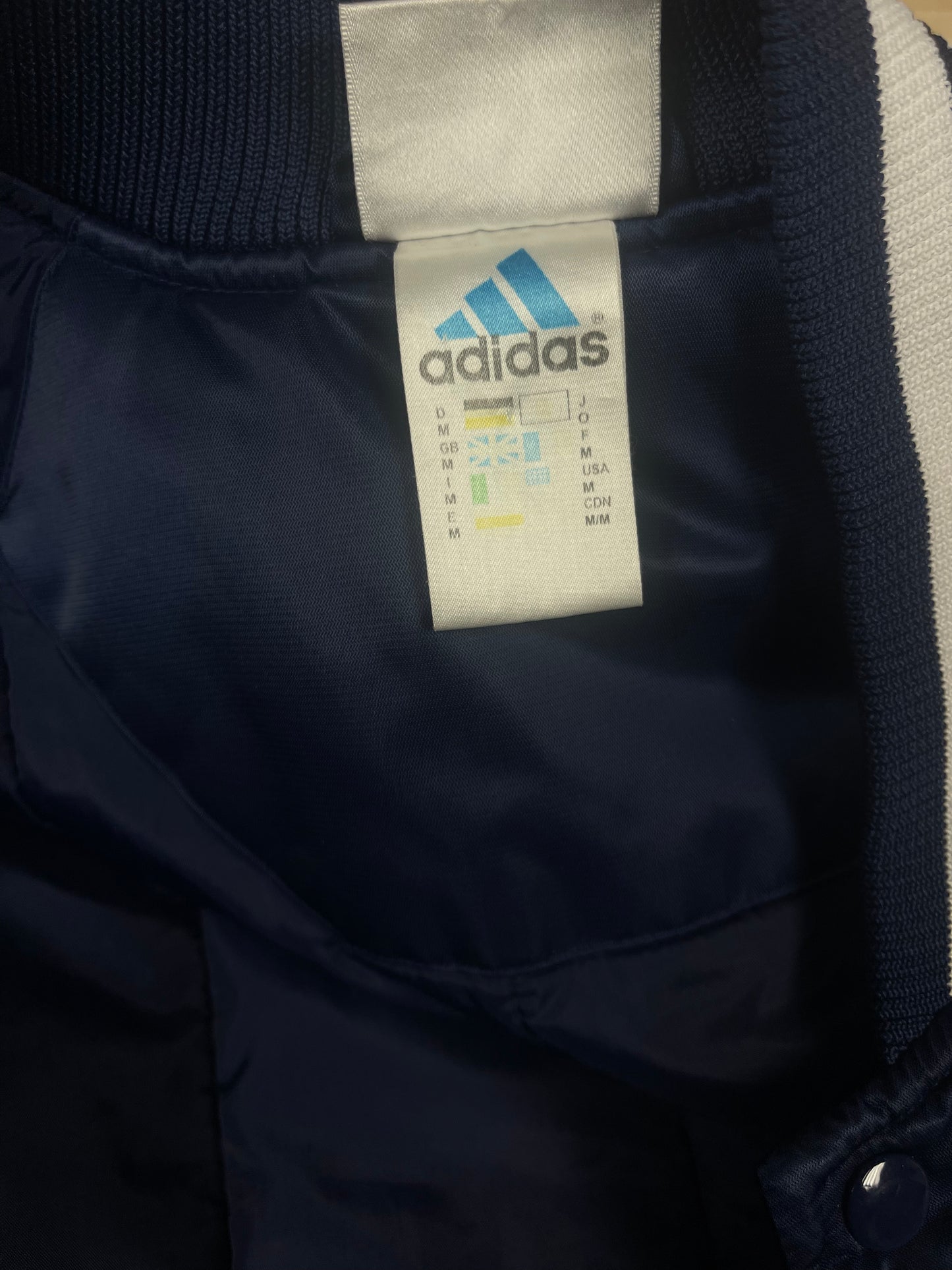 Vintage Adidas 2000 New York NY Baggy Thick Varsity Bomber Jacket College Baseball Jacket Navy Blue Shiny Size M-L