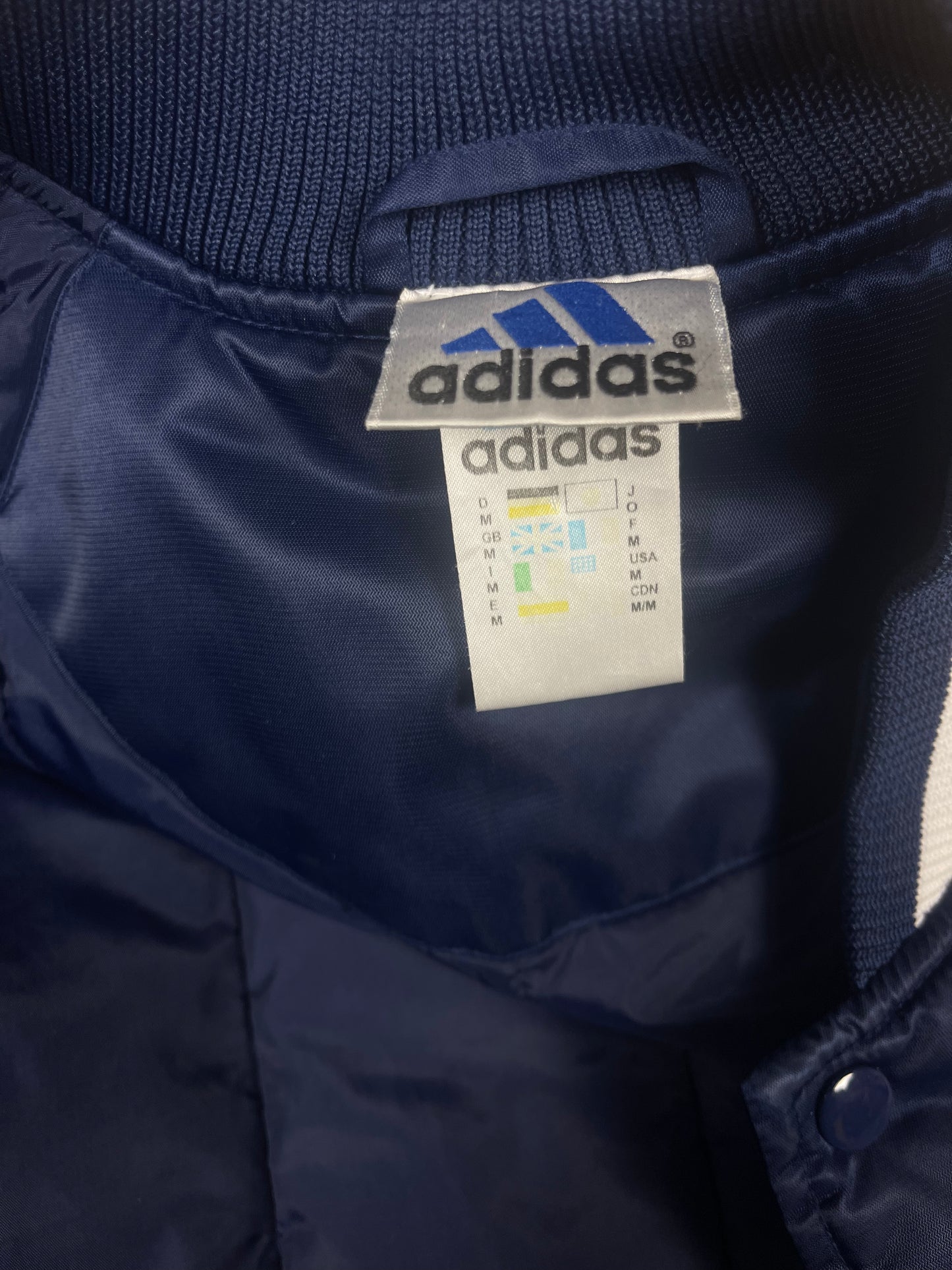 Vintage Adidas 2000 New York NY Baggy Thick Varsity Bomber Jacket College Baseball Jacket Navy Blue Shiny Size M-L