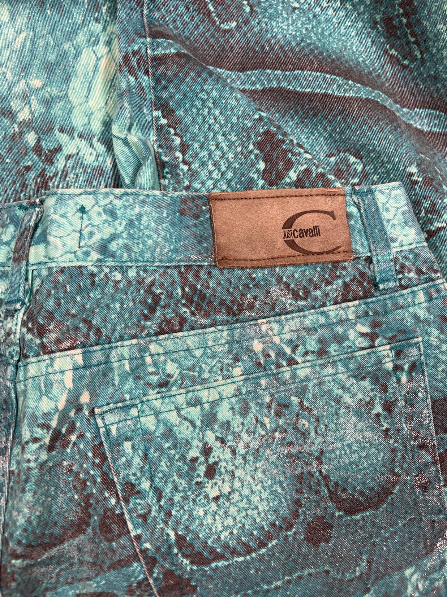 Y2K Just Cavalli Pants Trousers Jeans Shiny Snake Skin Pattern in Turquoise Shades Made in Italy Roberto Cavalli