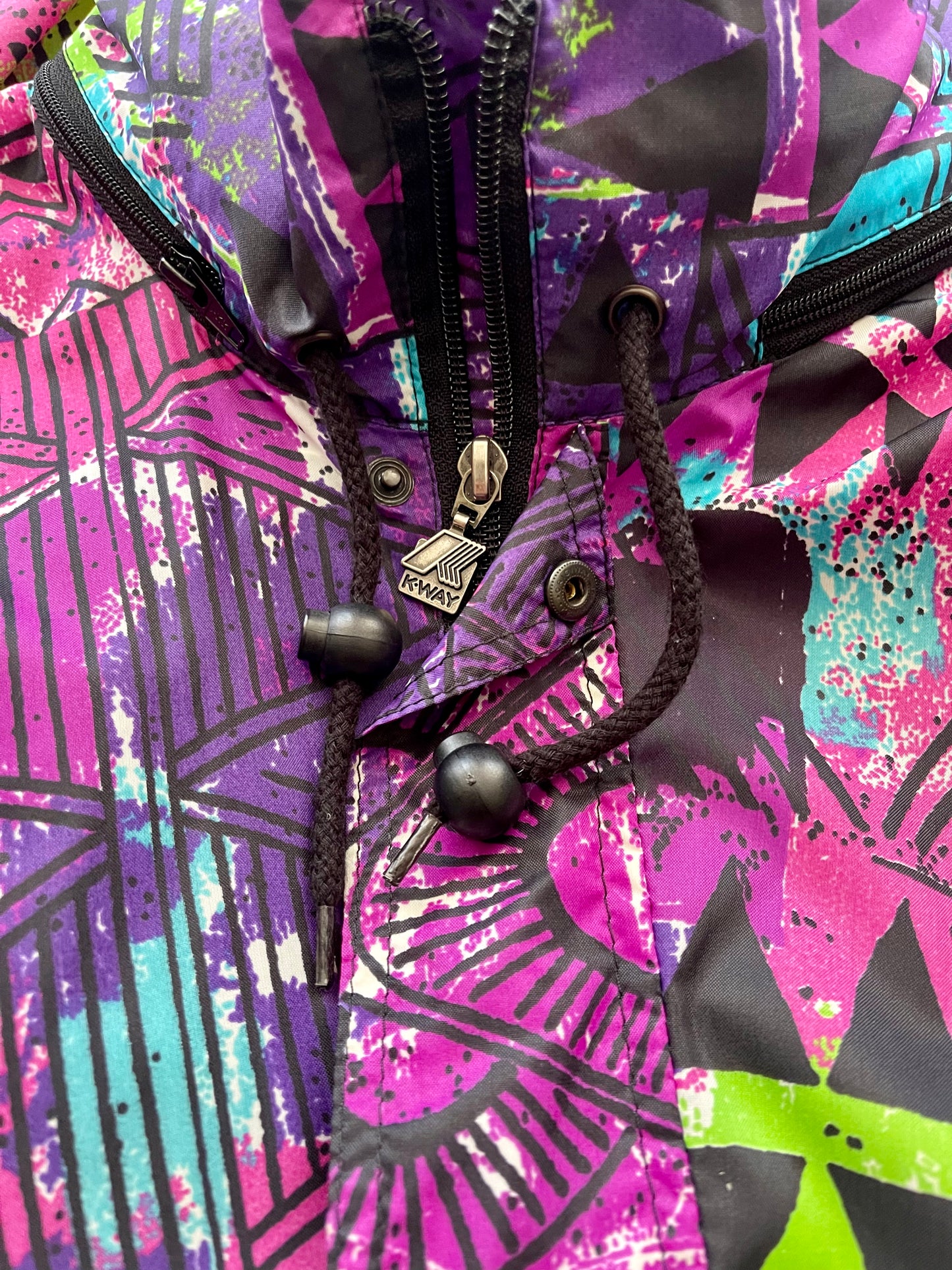 Vintage 90'S K-WAY Windbreaker With Hood Abstract Pattern Multicolour Size M