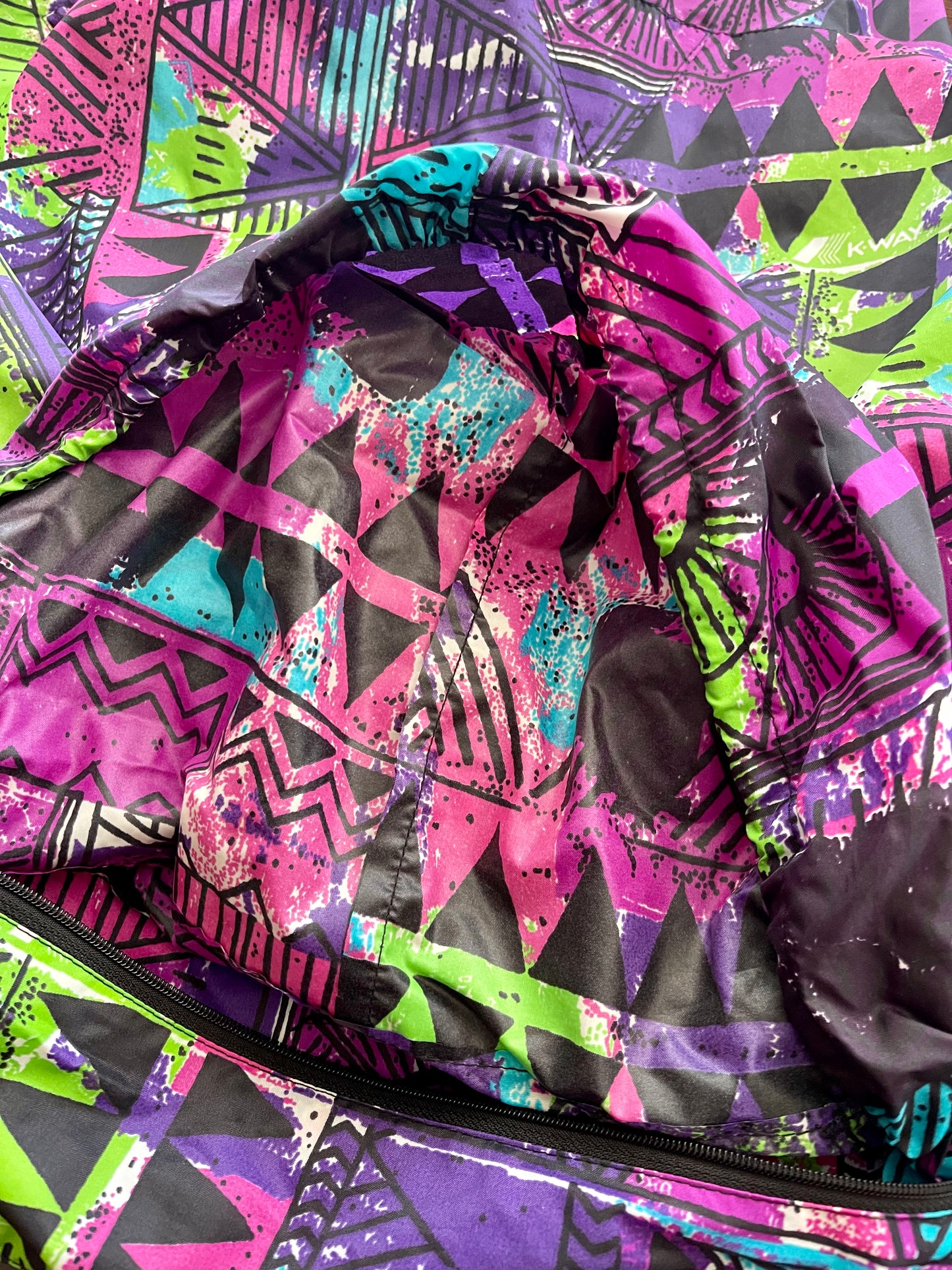 Vintage 90'S K-WAY Windbreaker With Hood Abstract Pattern Multicolour Size M