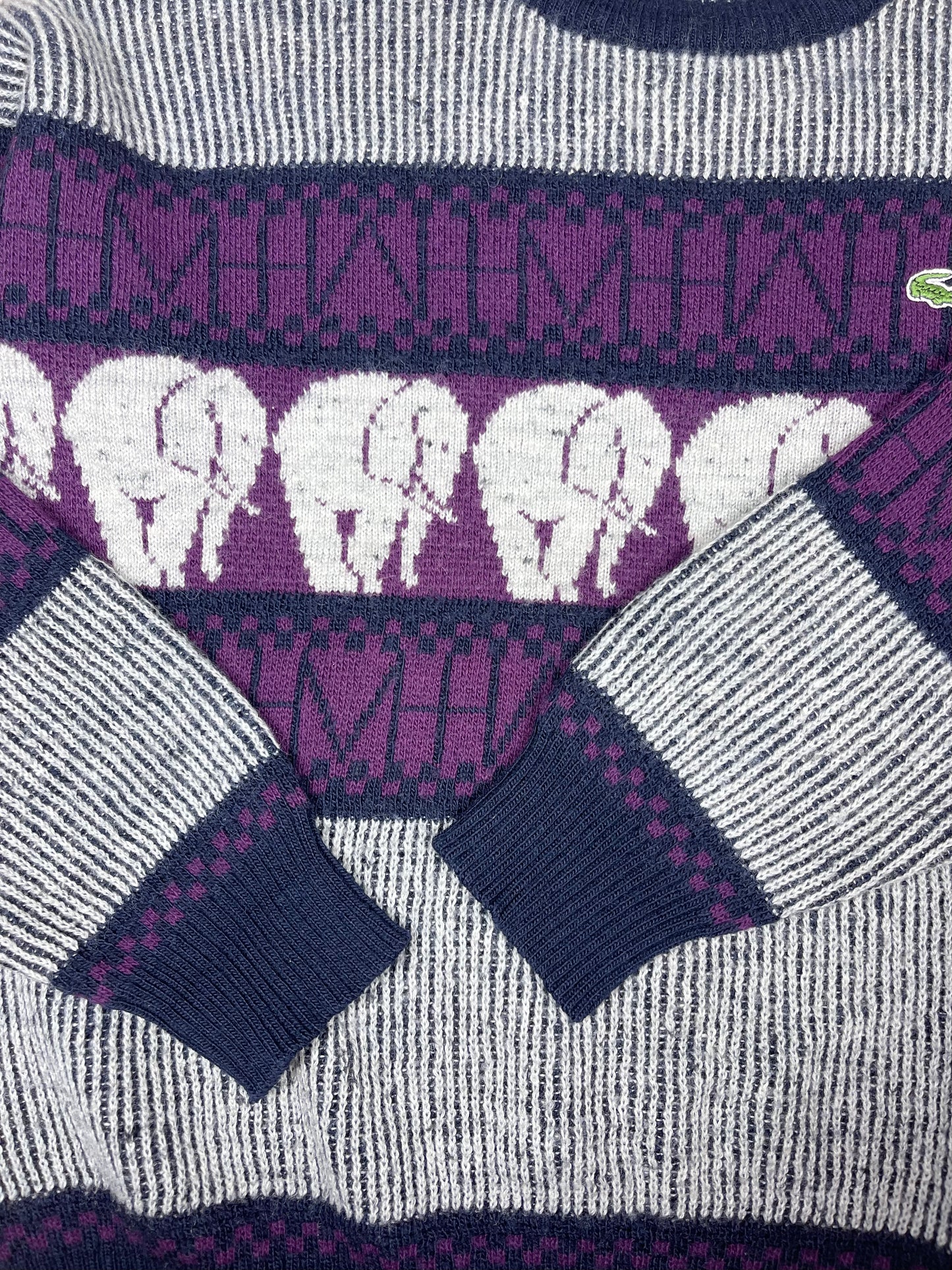 Vintage 80's Lacoste Chemise Jumper Made In France Elephants Pattern Wool Size L-XL Grey Purple